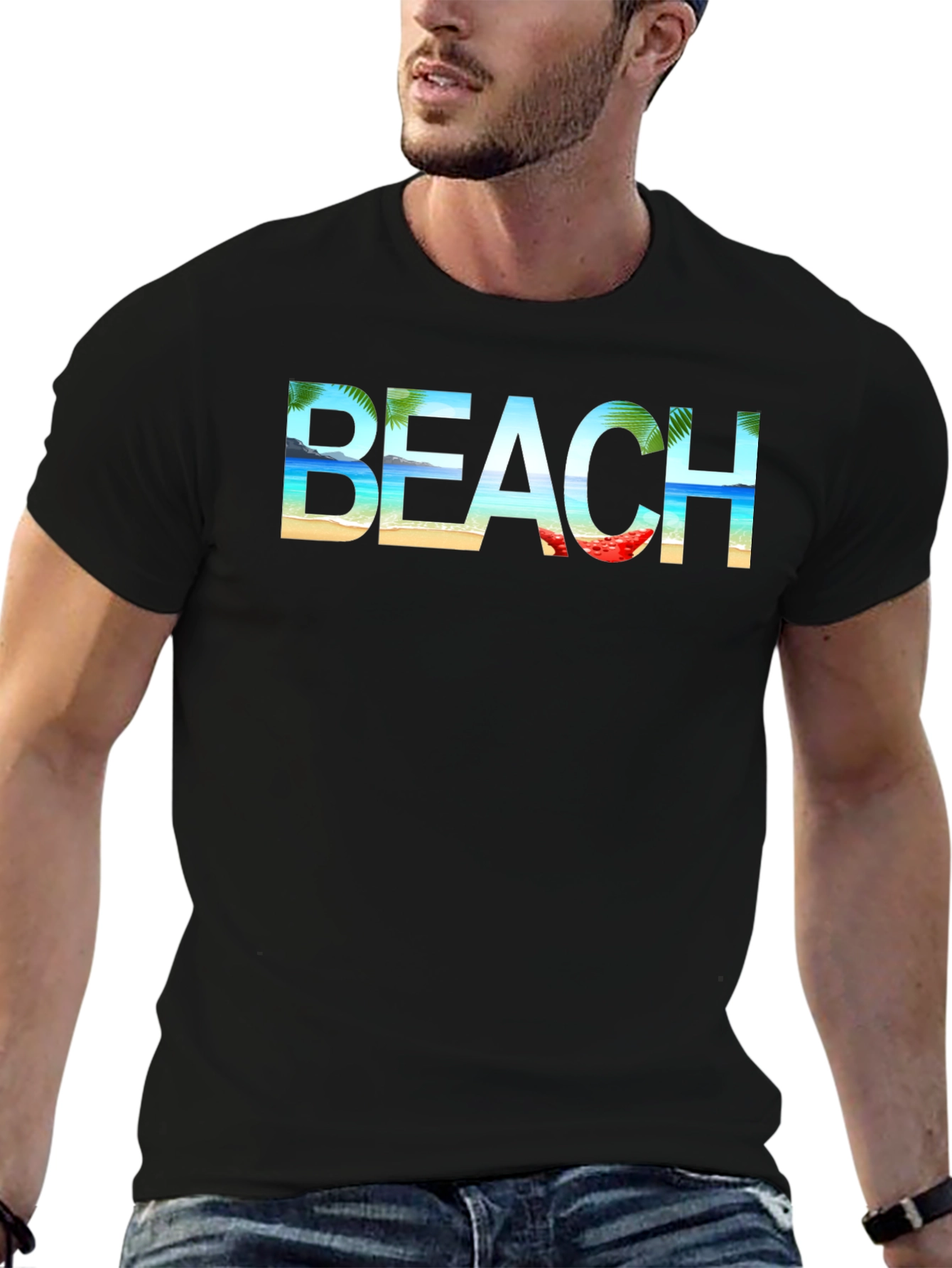 Beach Graphic Print Tee | Black Cotton T-Shirt