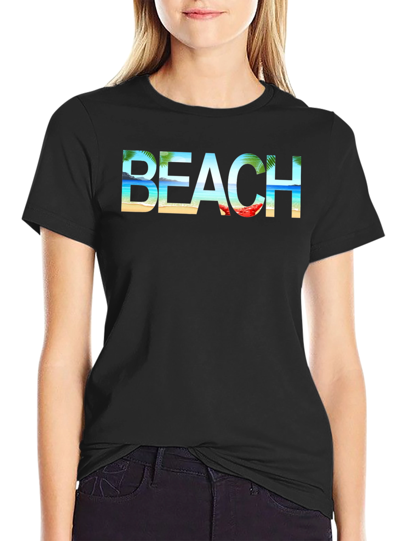 Beach Graphic Print Tee | Black Cotton T-Shirt