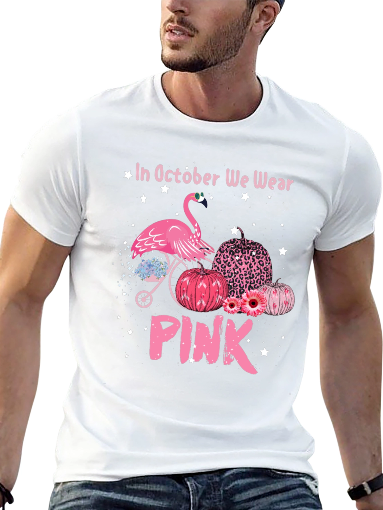 October We Wear Pink Flamingo Breast Cancer Awareness T-Shirt