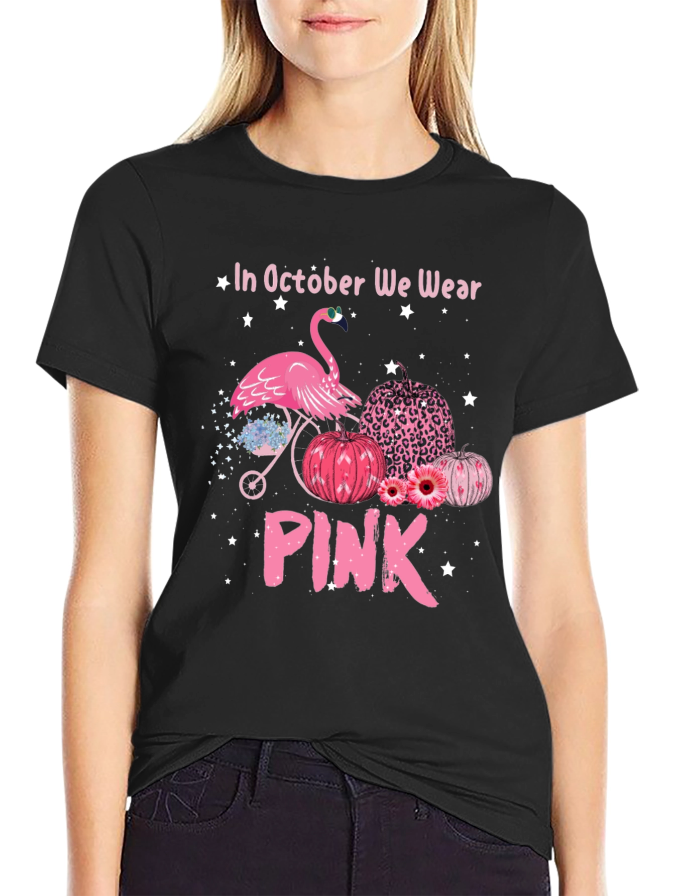 October We Wear Pink Flamingo Breast Cancer Awareness T-Shirt