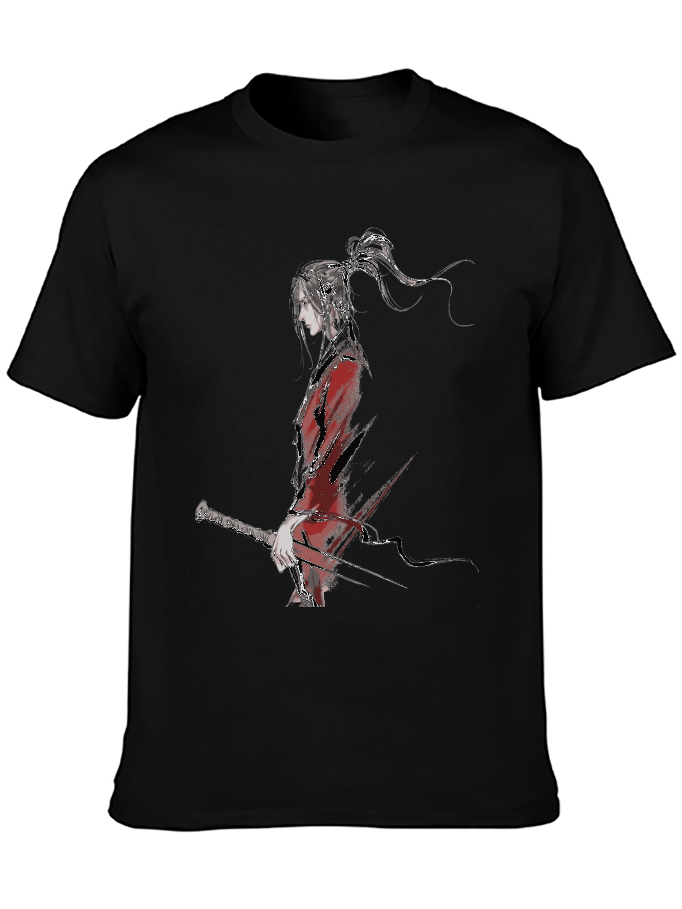 Ink Wash Anime Character Black T-Shirt