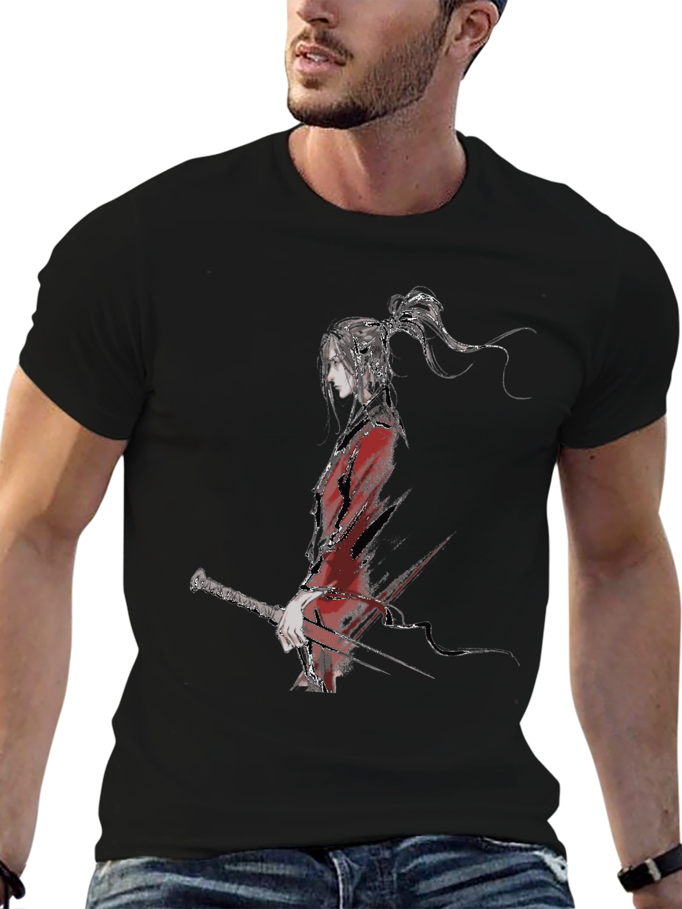 Ink Wash Anime Character Black T-Shirt