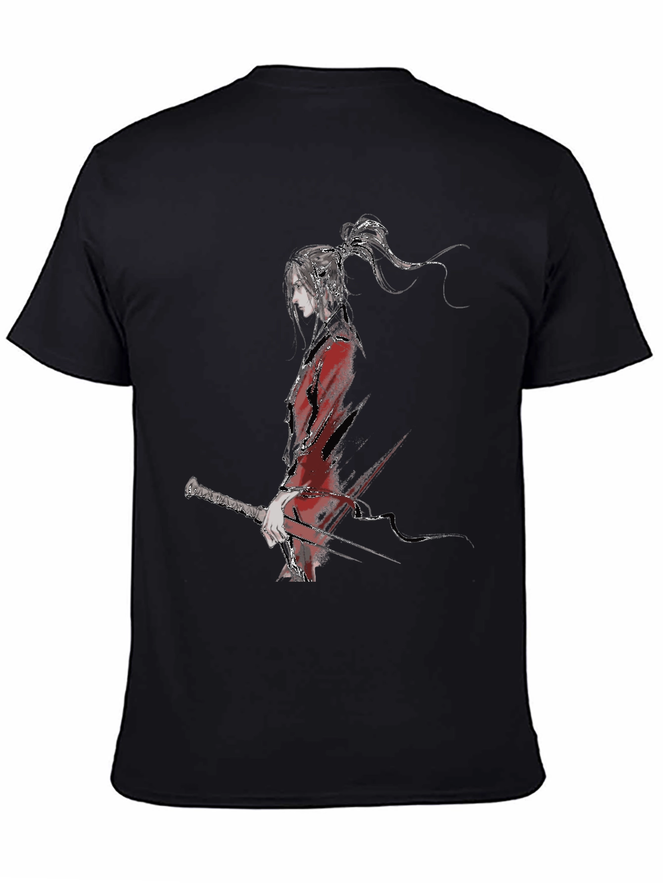 Ink Wash Anime Character Black T-Shirt