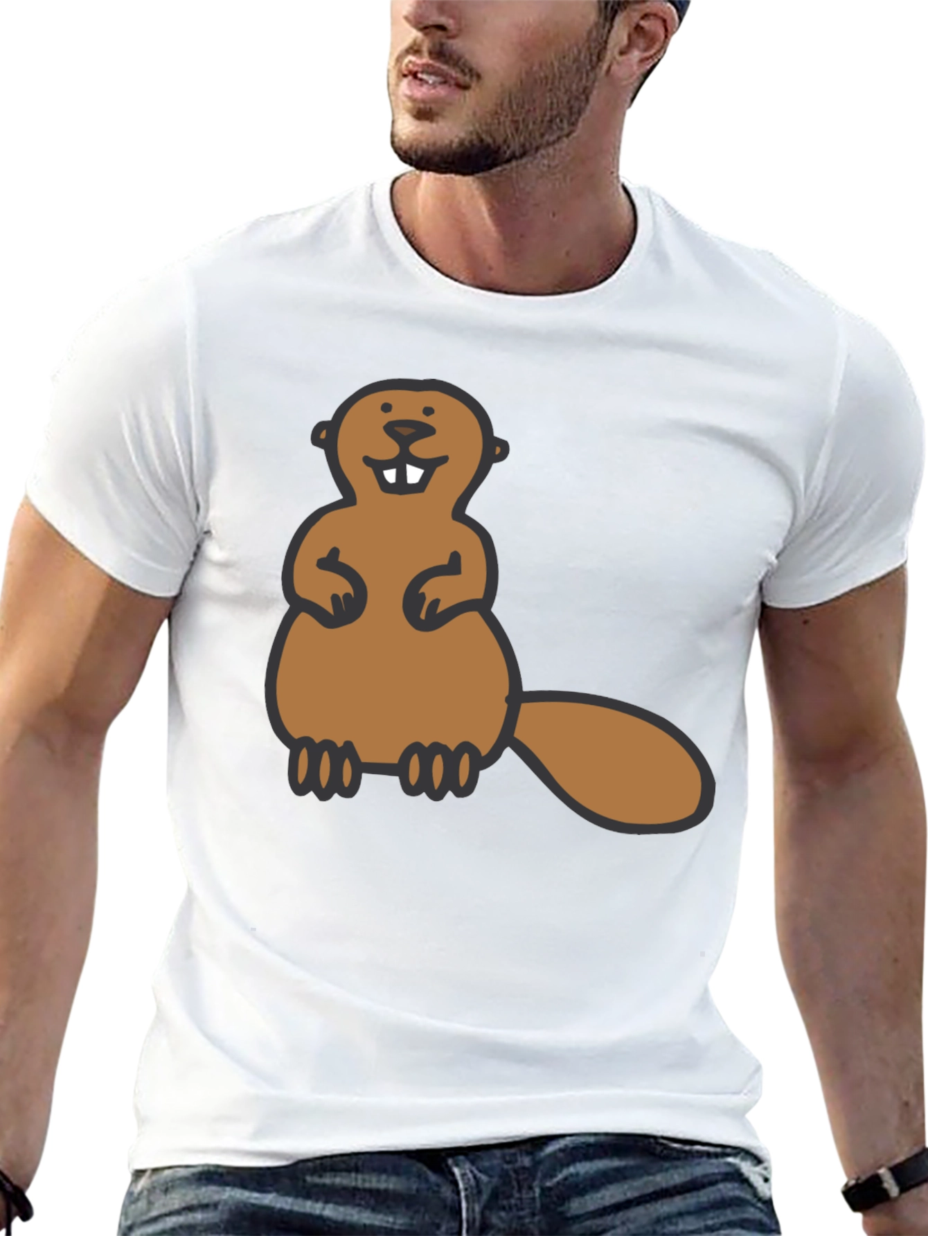 Funny Beaver Graphic Tee - Black Crew Neck Shirt