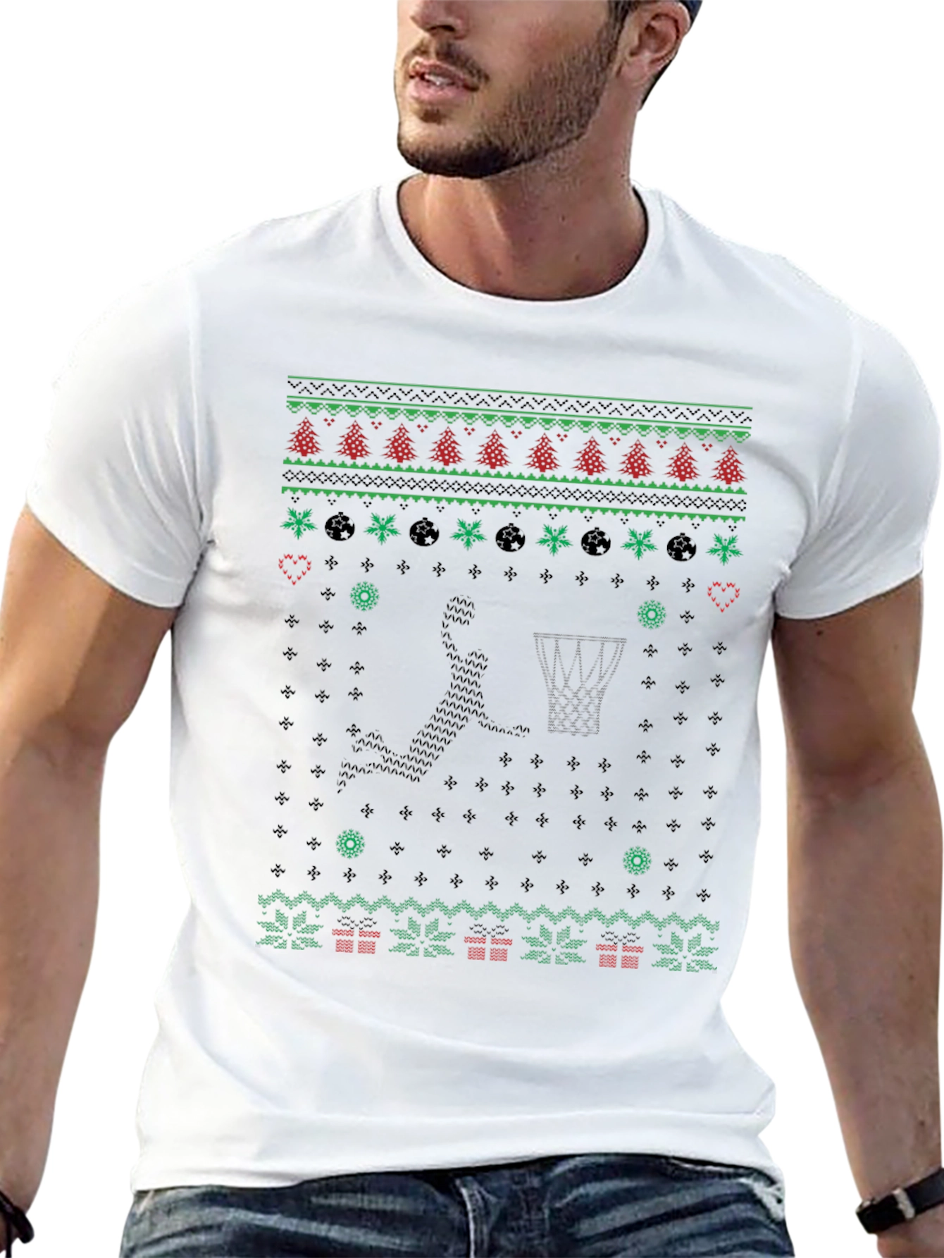 Basketball Christmas Sweater Knit Pattern Graphic T-Shirt