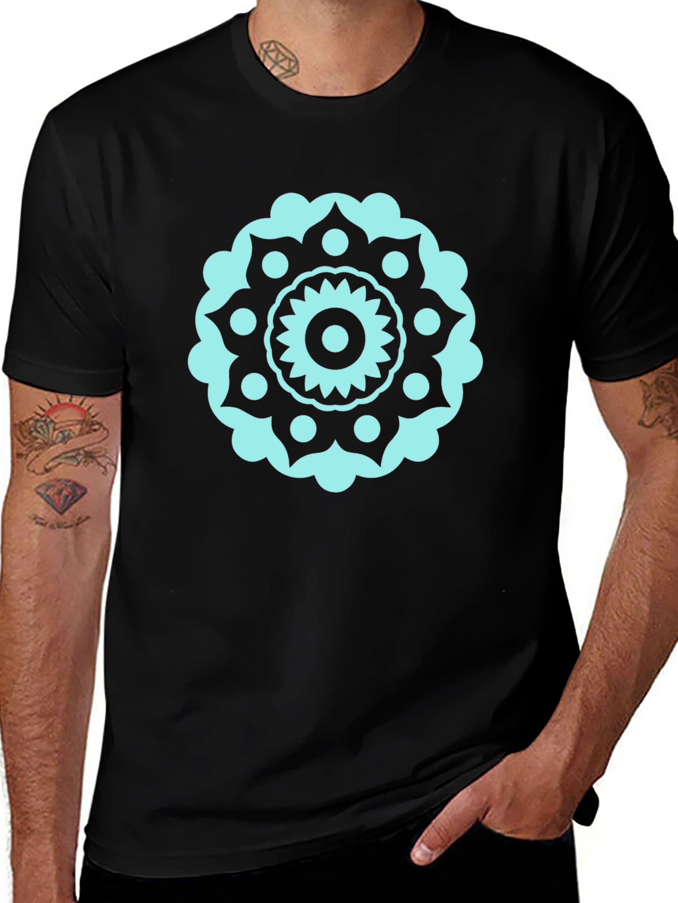 Black Tee with Teal Mandala Design