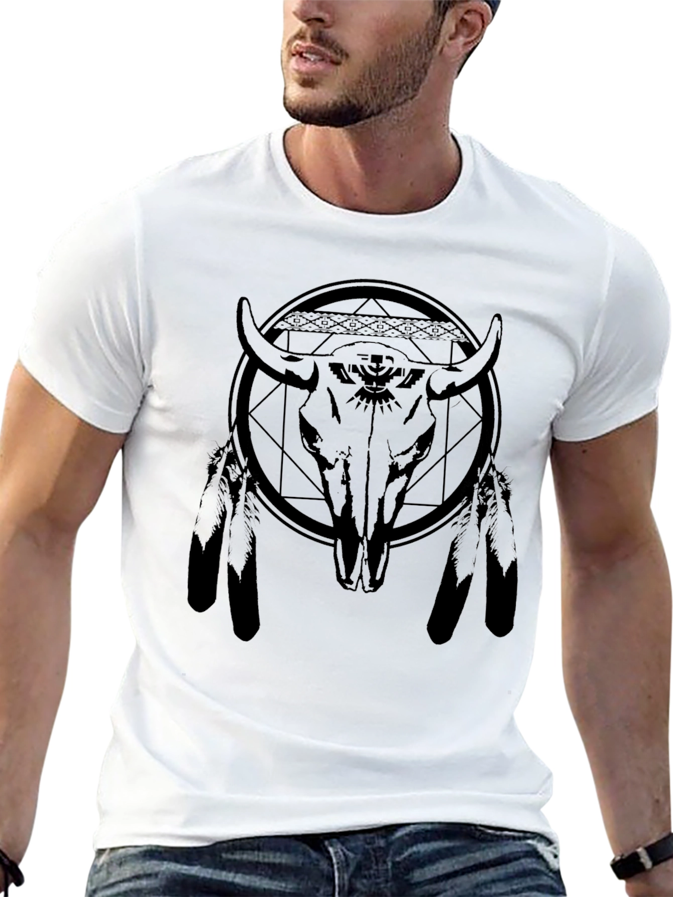 Bison Skull Graphic Tee - Black Cotton Blend