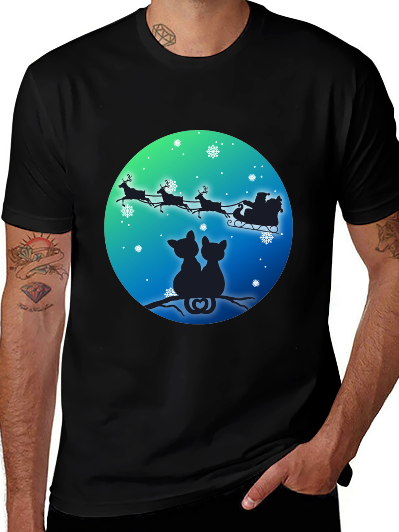Festive Cats & Santa Sleigh Black T-Shirt