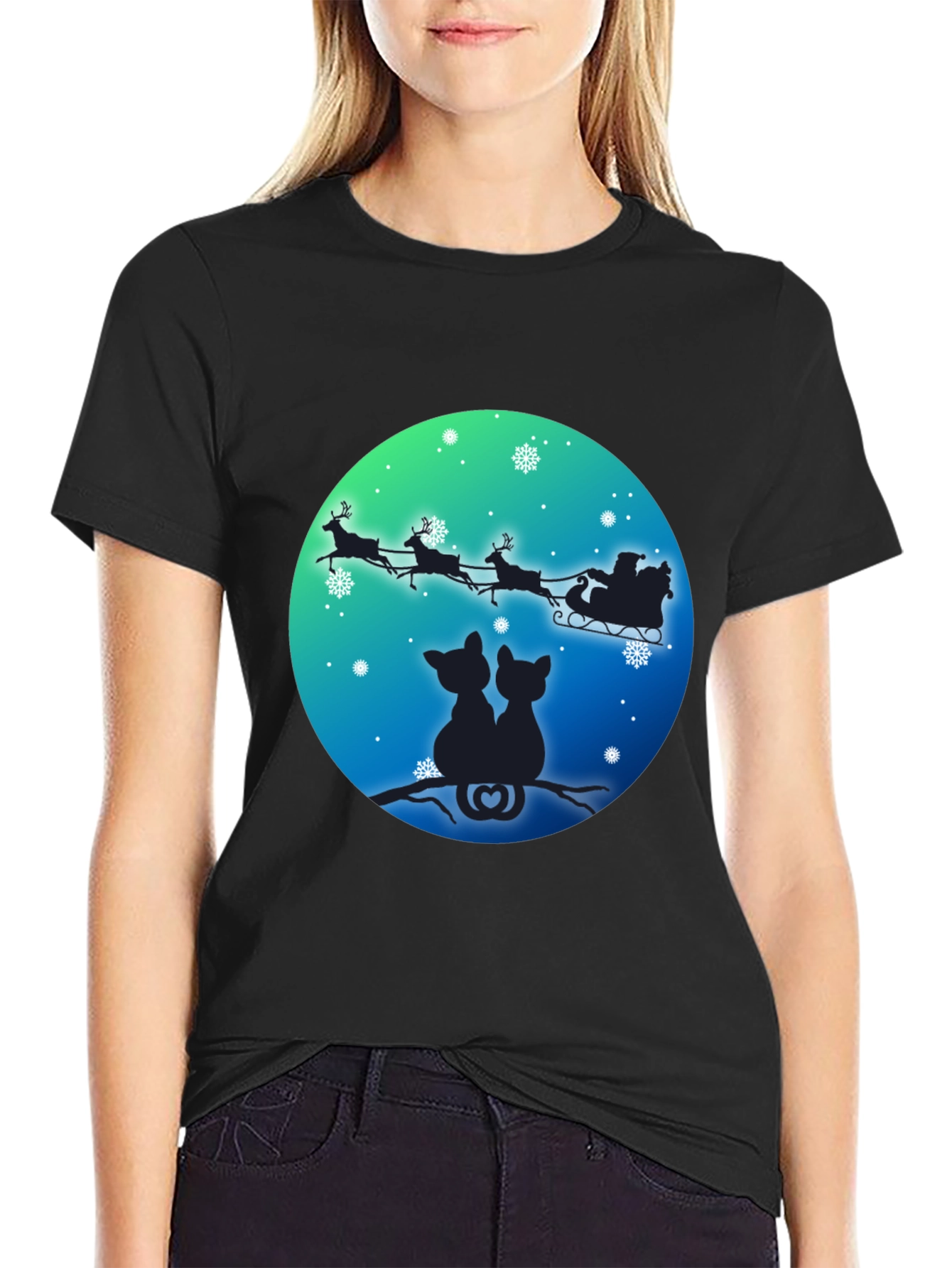 Festive Cats & Santa Sleigh Black T-Shirt