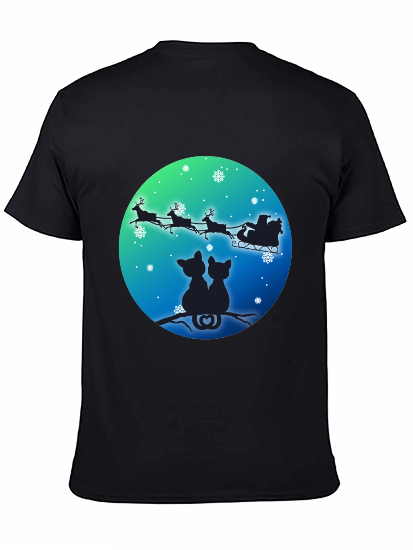 Festive Cats & Santa Sleigh Black T-Shirt