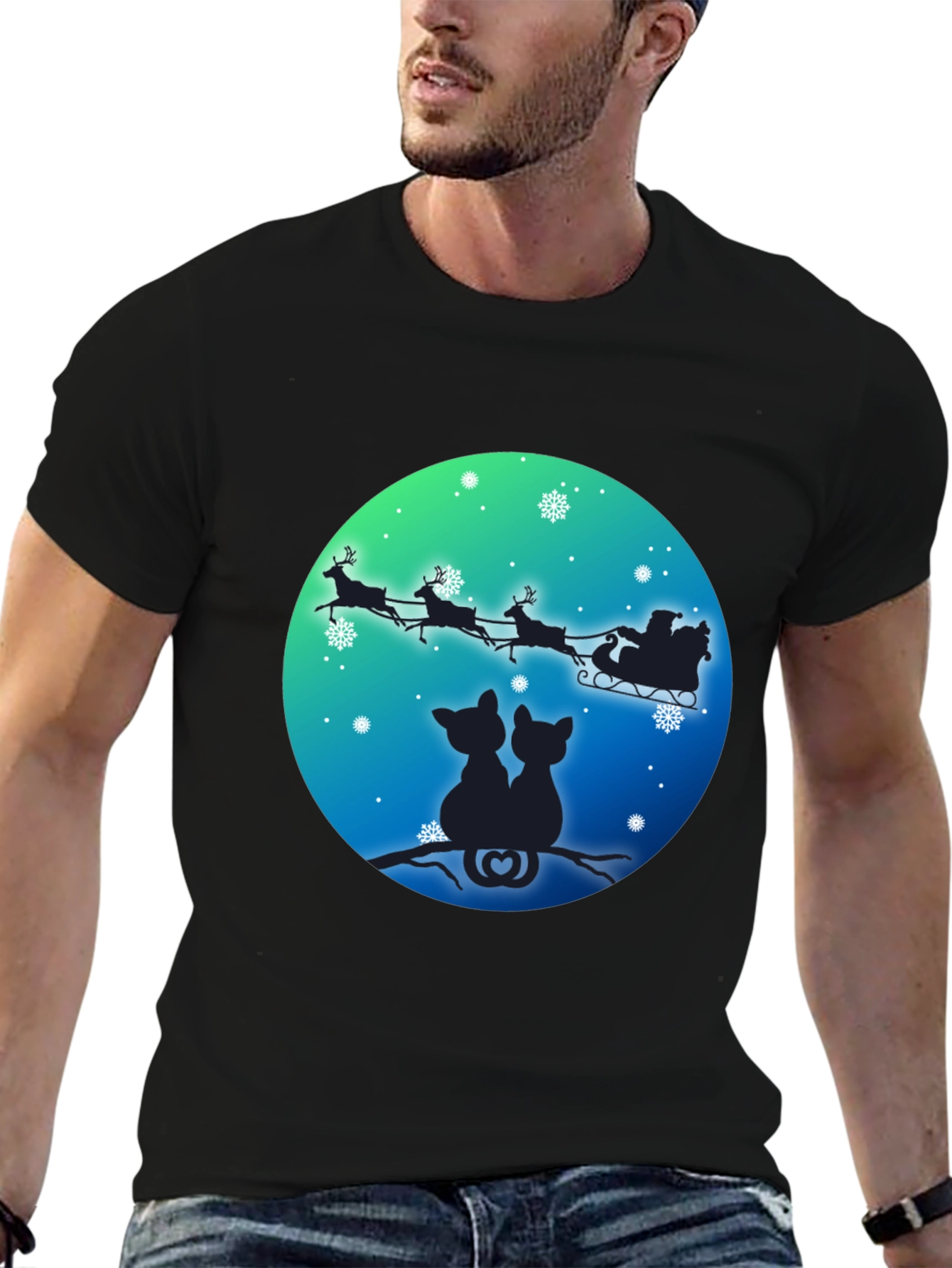 Festive Cats & Santa Sleigh Black T-Shirt
