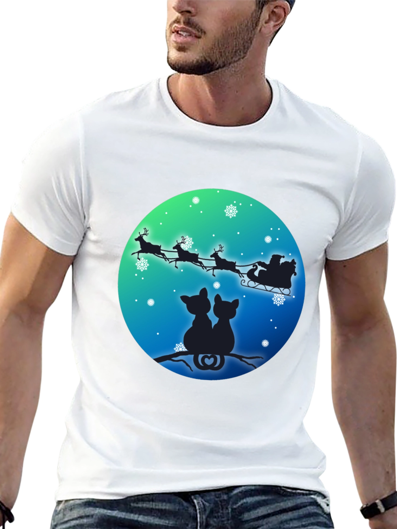 Festive Cats & Santa Sleigh Black T-Shirt