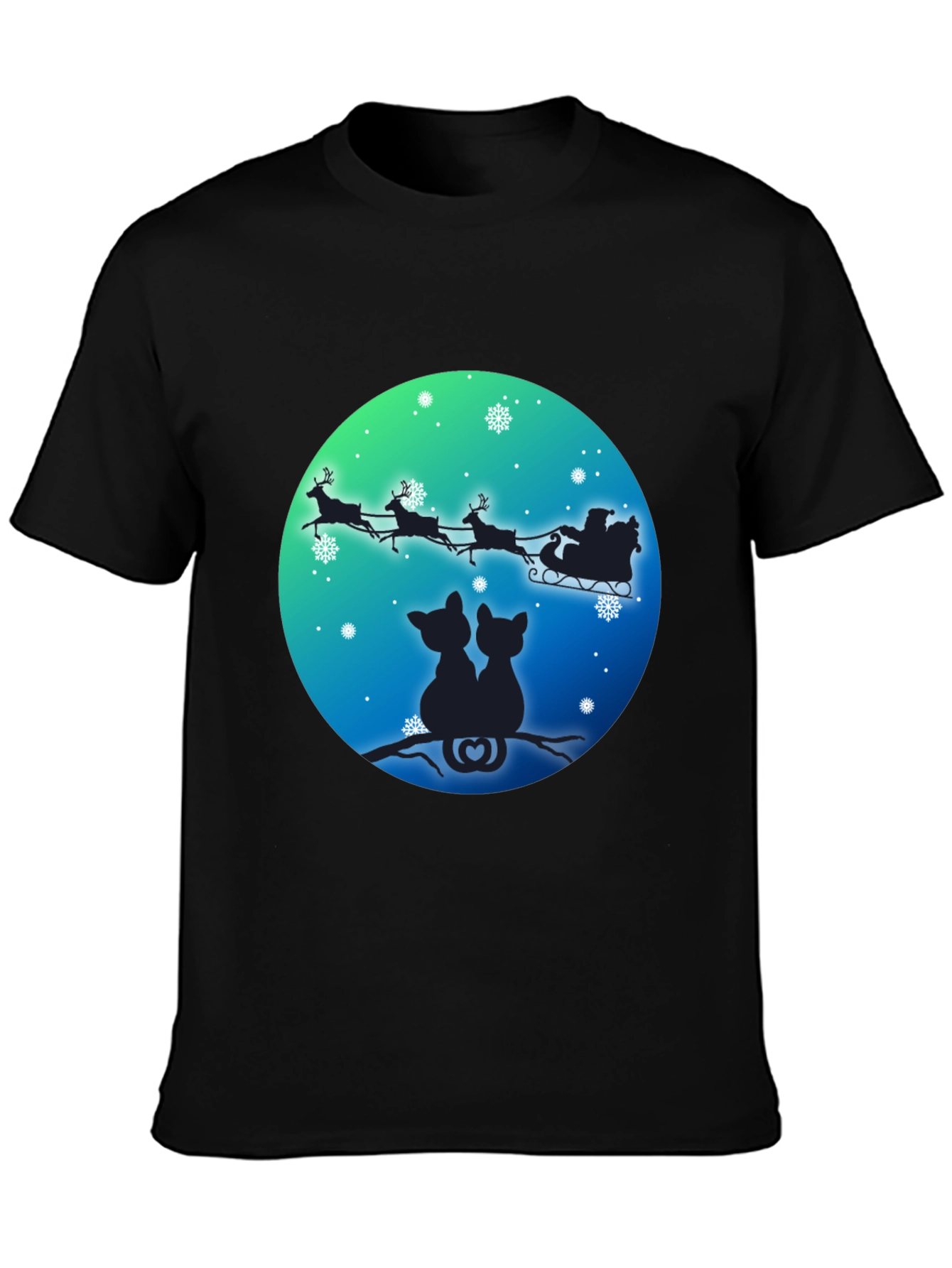 Festive Cats & Santa Sleigh Black T-Shirt