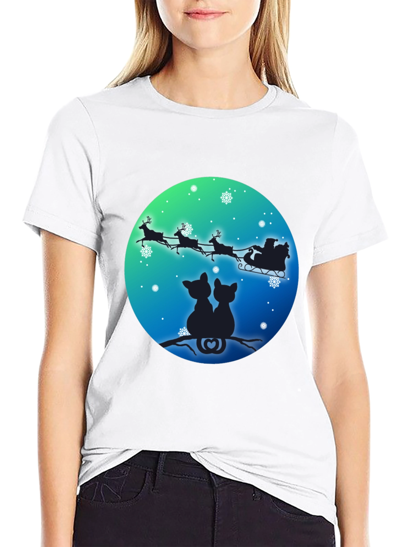 Festive Cats & Santa Sleigh Black T-Shirt