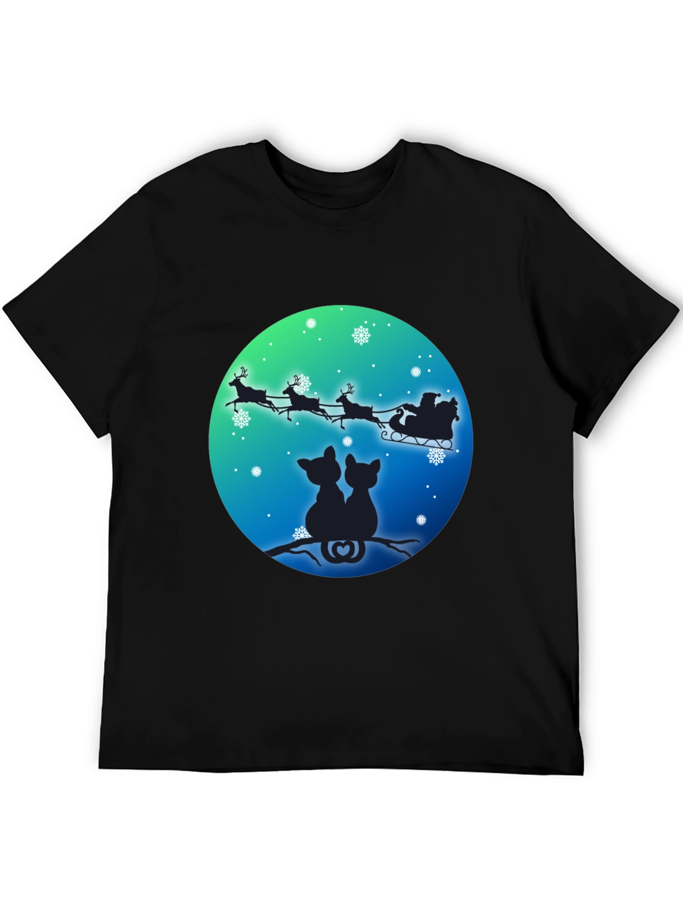 Festive Cats & Santa Sleigh Black T-Shirt