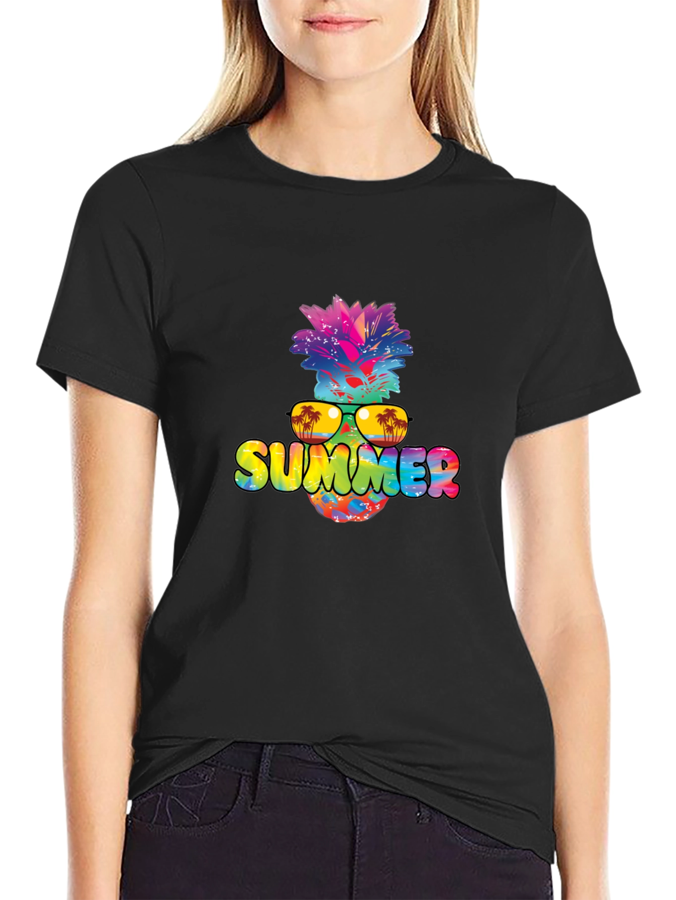 Summer Pineapple Graphic Print Black T-Shirt
