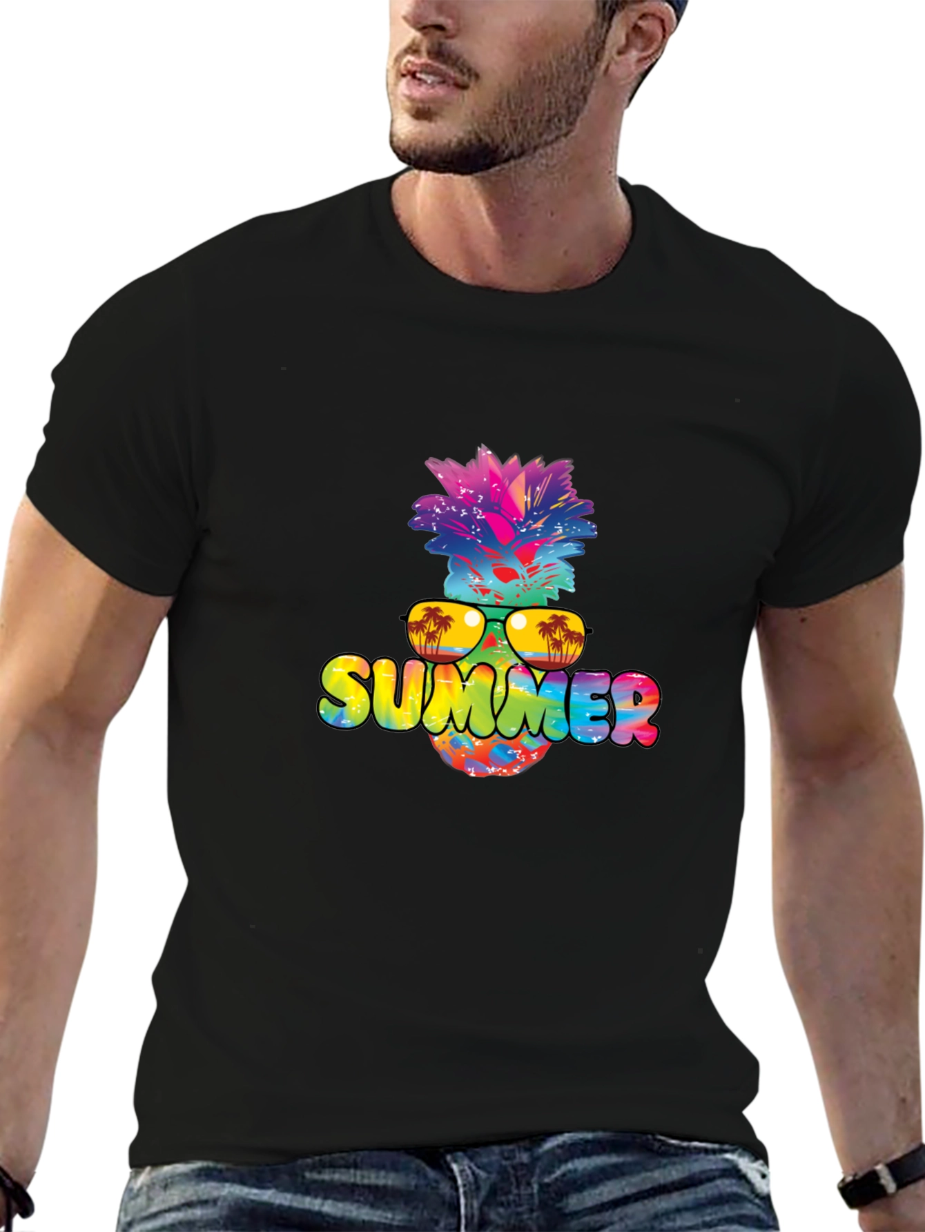 Summer Pineapple Graphic Print Black T-Shirt