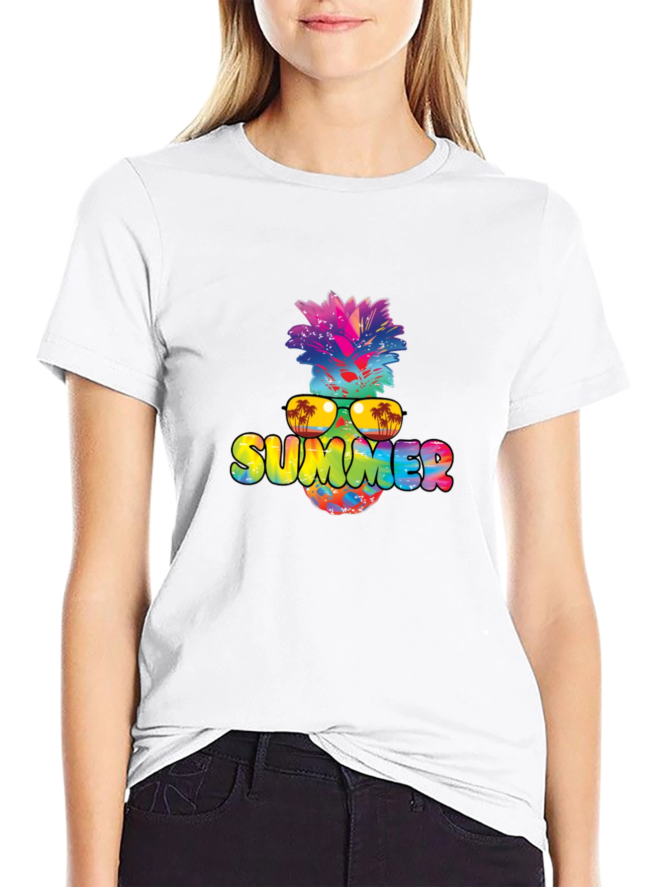 Summer Pineapple Graphic Print Black T-Shirt