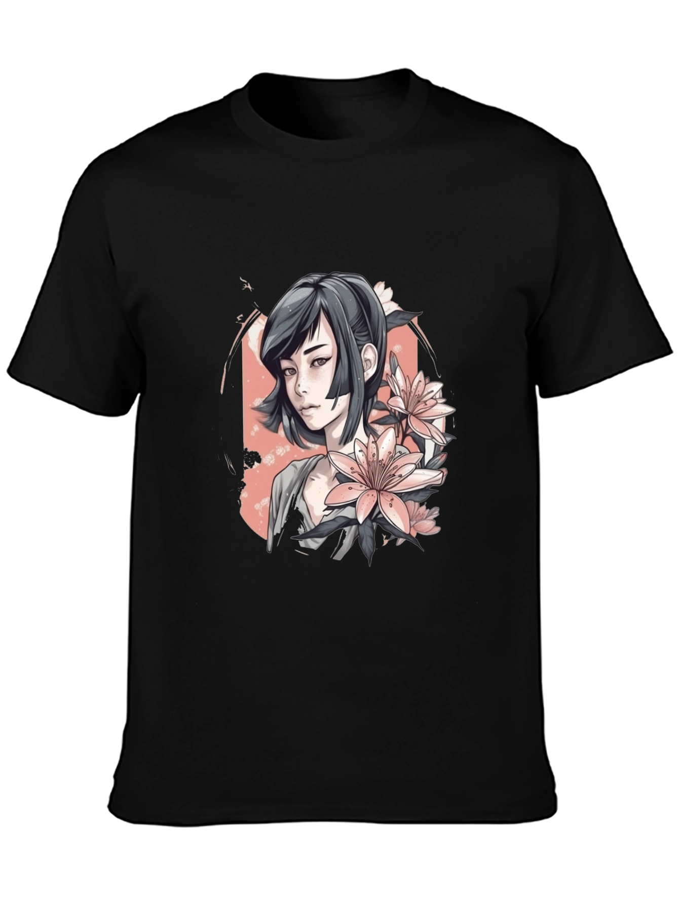 Anime Girl & Floral T-Shirt - Black