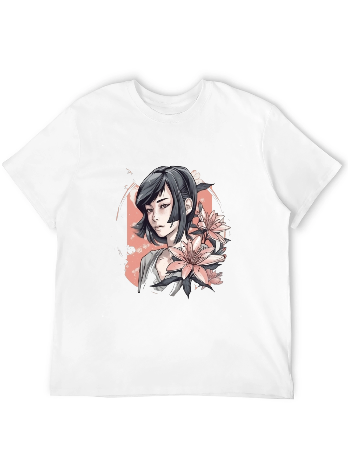 Anime Girl & Floral T-Shirt - Black