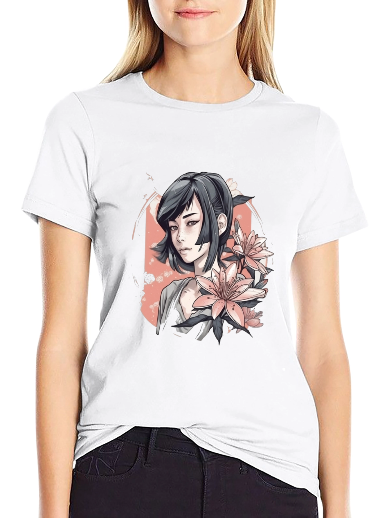 Anime Girl & Floral T-Shirt - Black