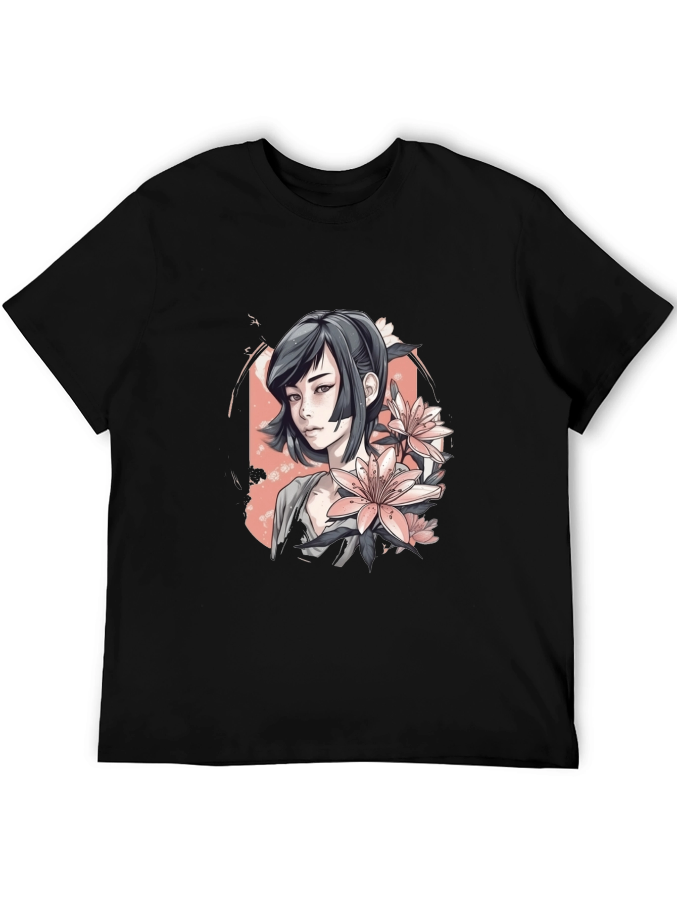Anime Girl & Floral T-Shirt - Black