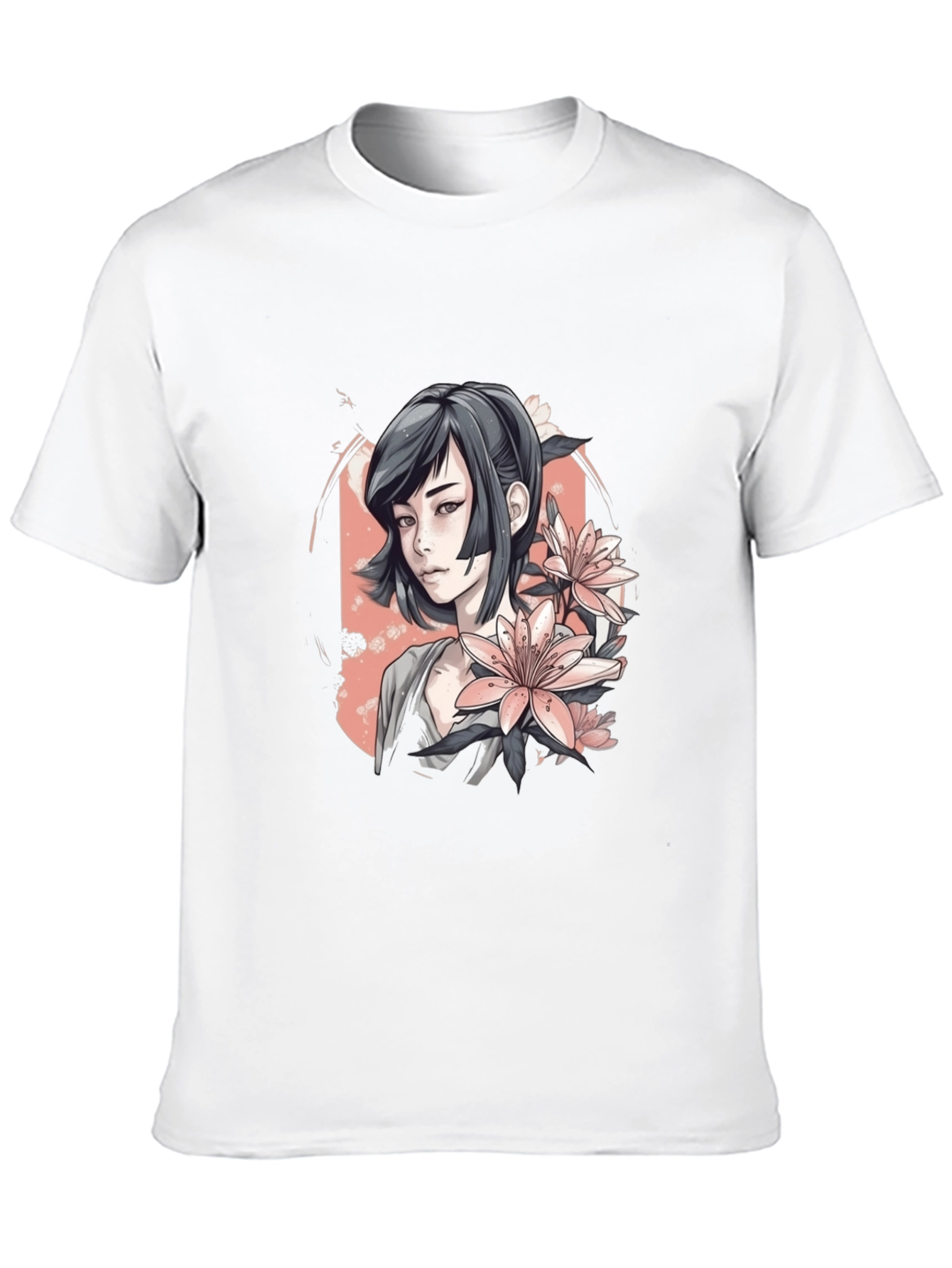 Anime Girl & Floral T-Shirt - Black