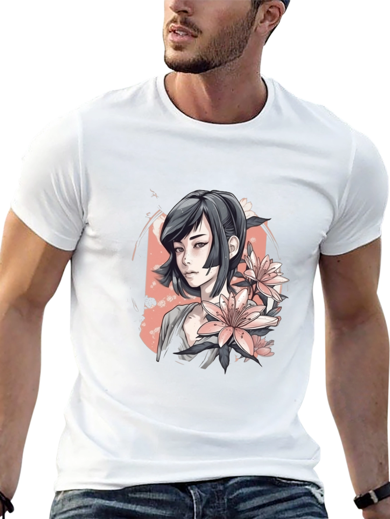 Anime Girl & Floral T-Shirt - Black