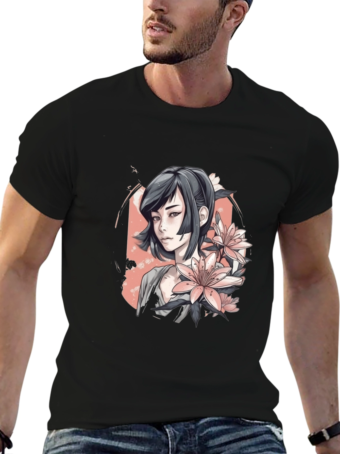 Anime Girl & Floral T-Shirt - Black