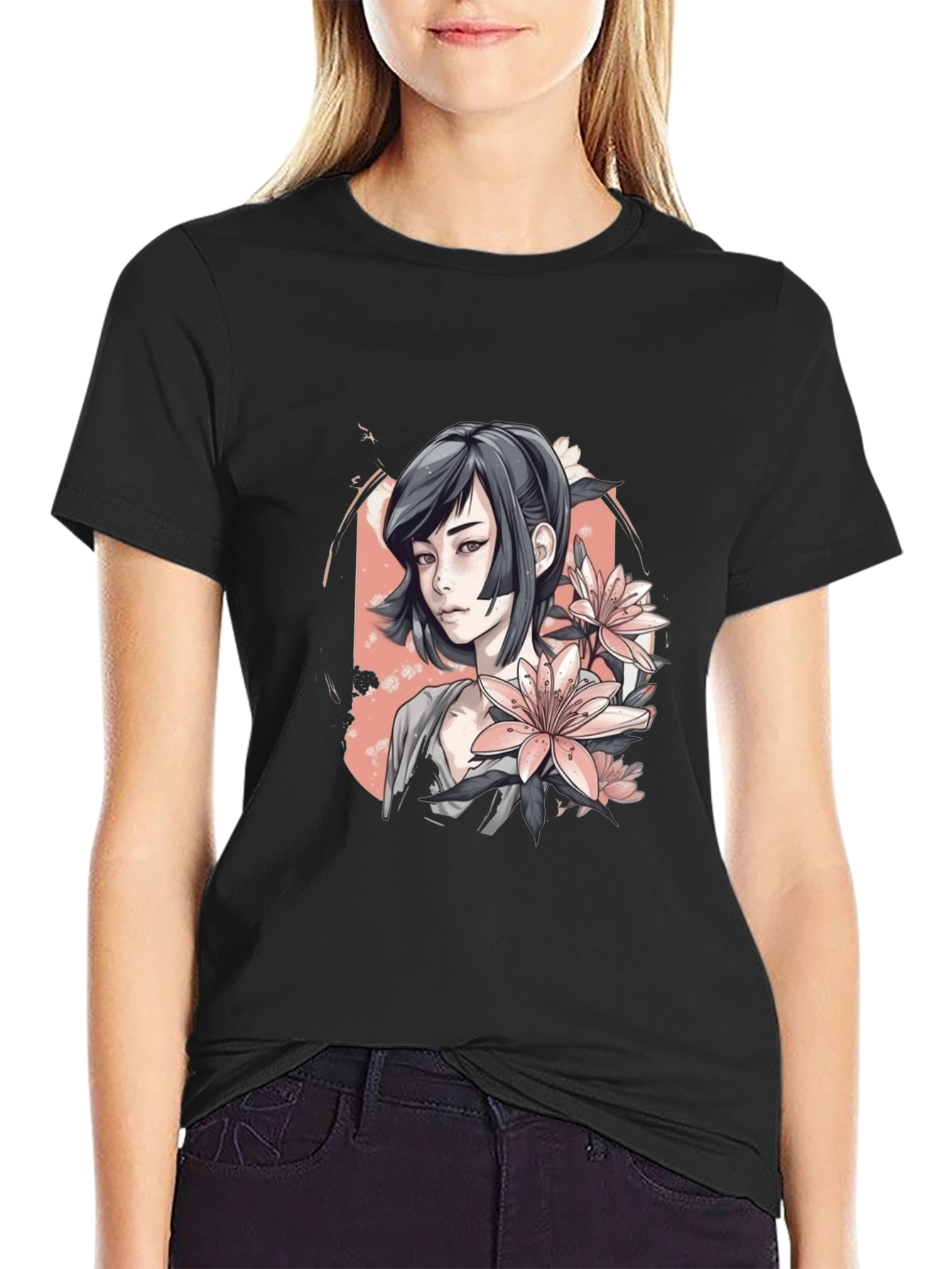 Anime Girl & Floral T-Shirt - Black