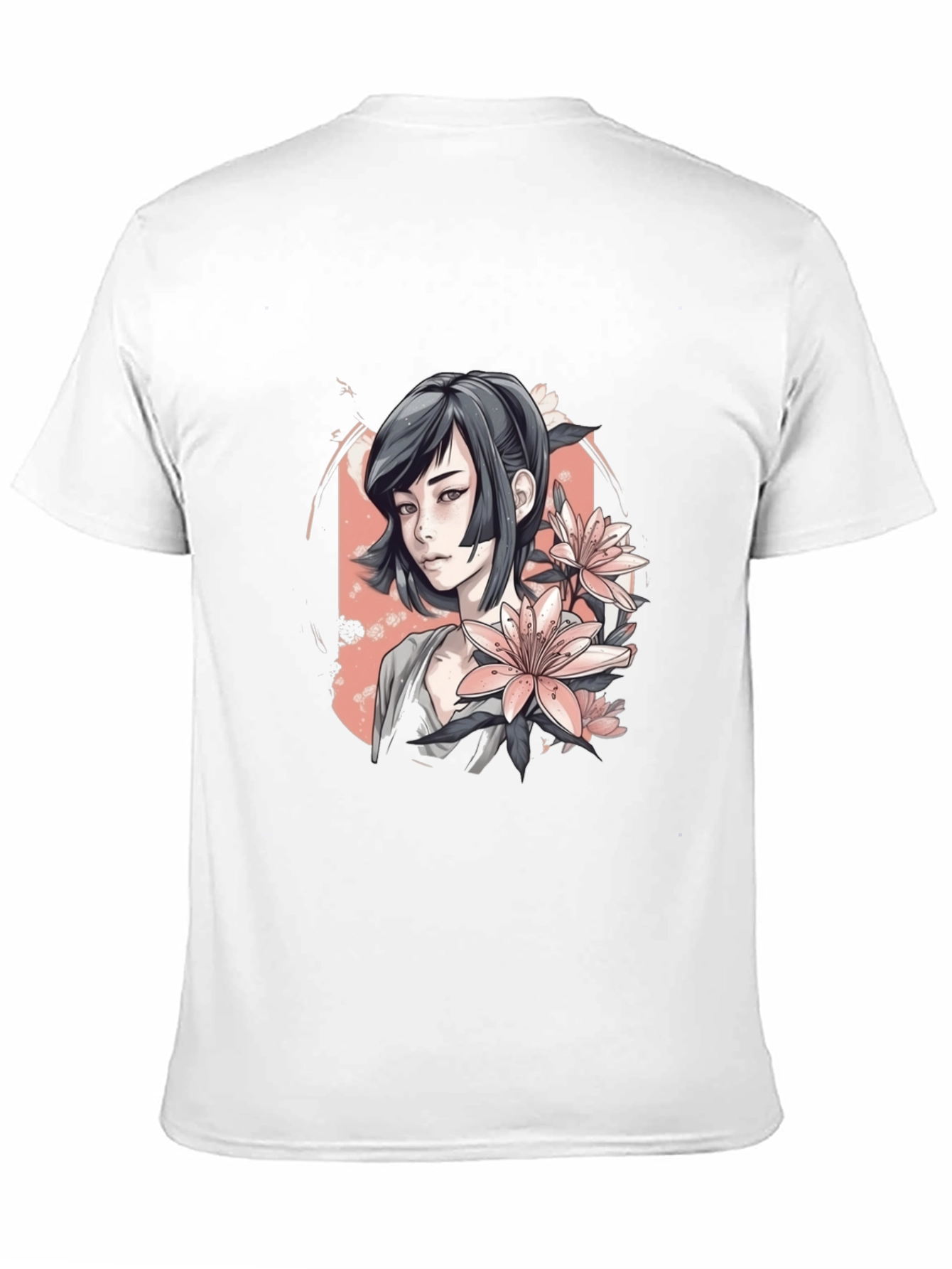 Anime Girl & Floral T-Shirt - Black