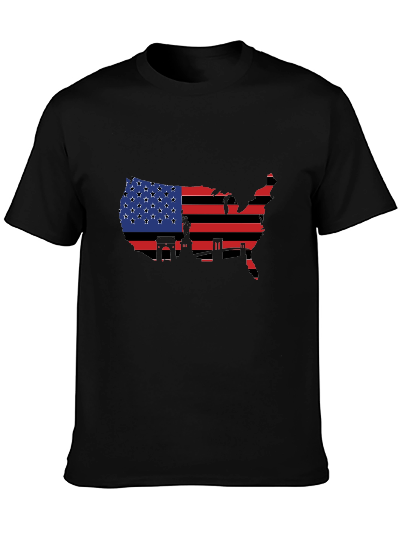 USA Flag Map T-Shirt - Patriotic Landmarks