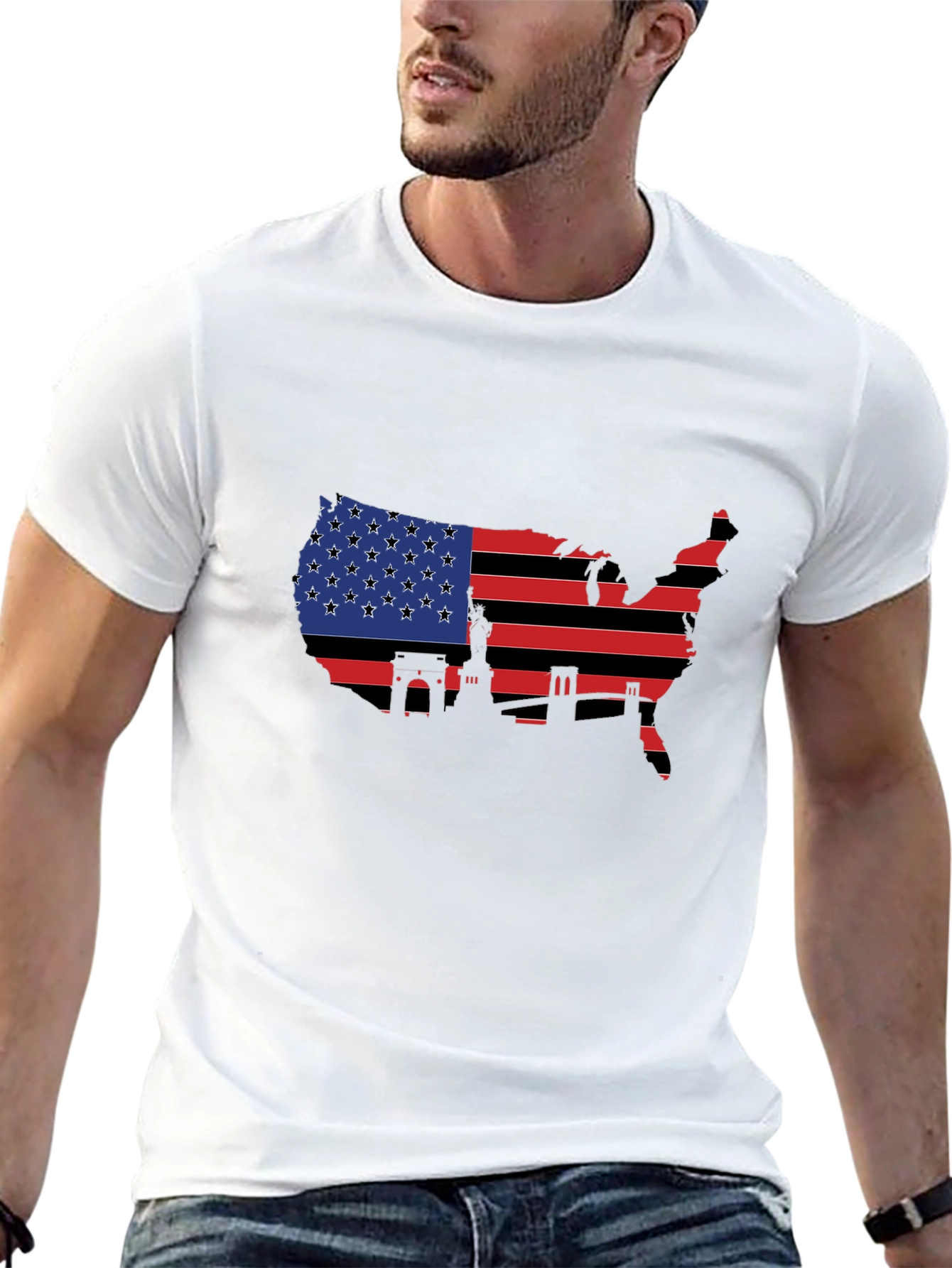 USA Flag Map T-Shirt - Patriotic Landmarks