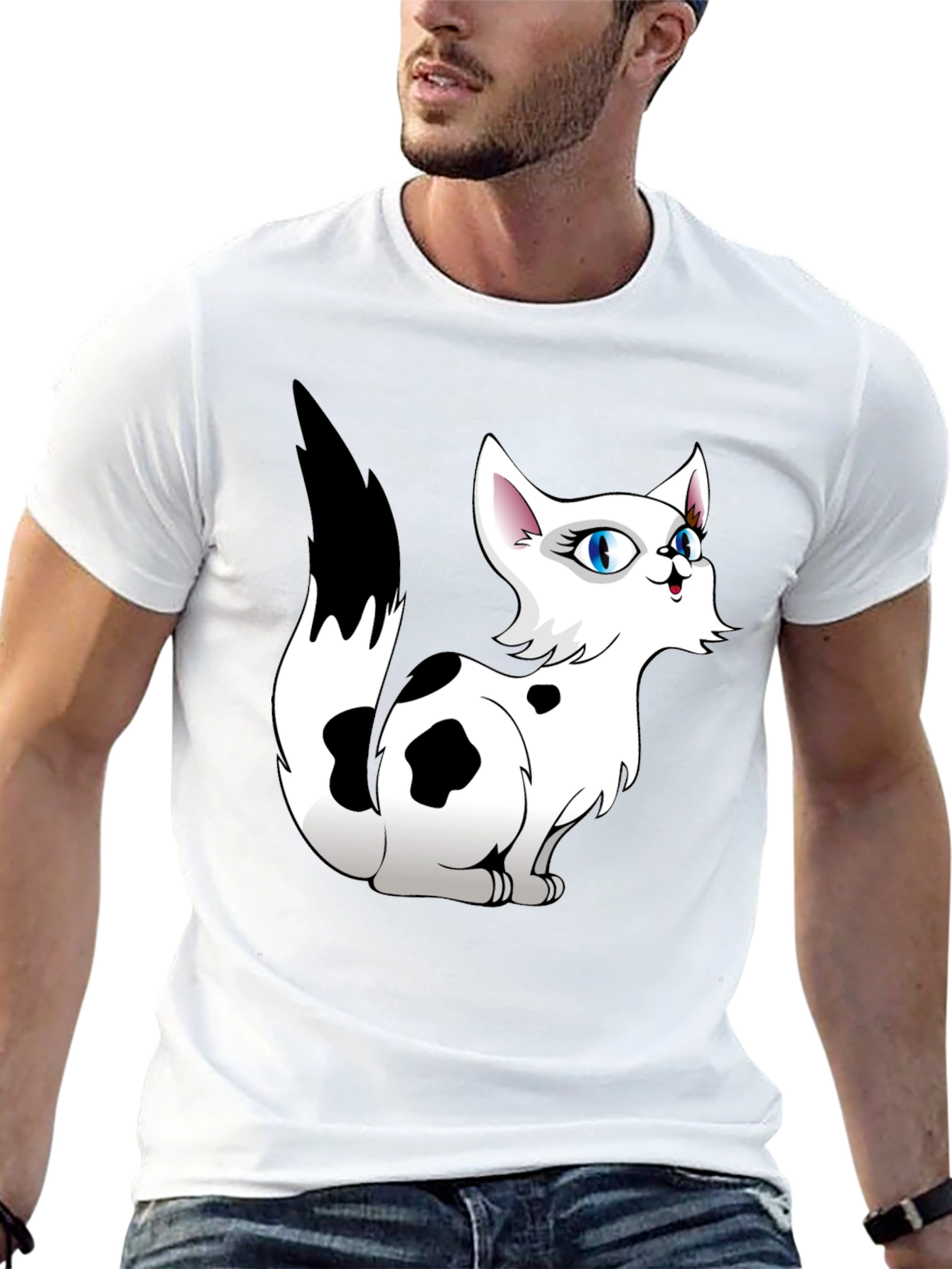 Cartoon Cat Graphic Tee - Black T-Shirt