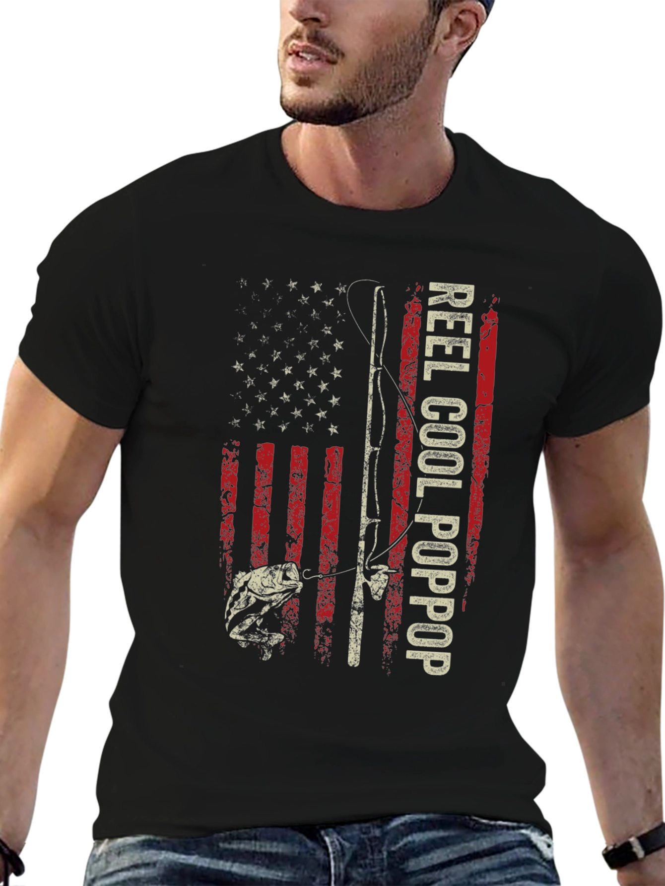 Reel Cool Poppop Fishing USA Flag Graphic Tee