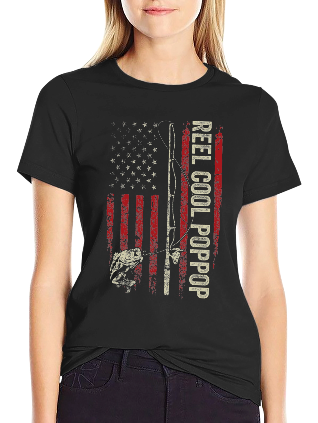 Reel Cool Poppop Fishing USA Flag Graphic Tee