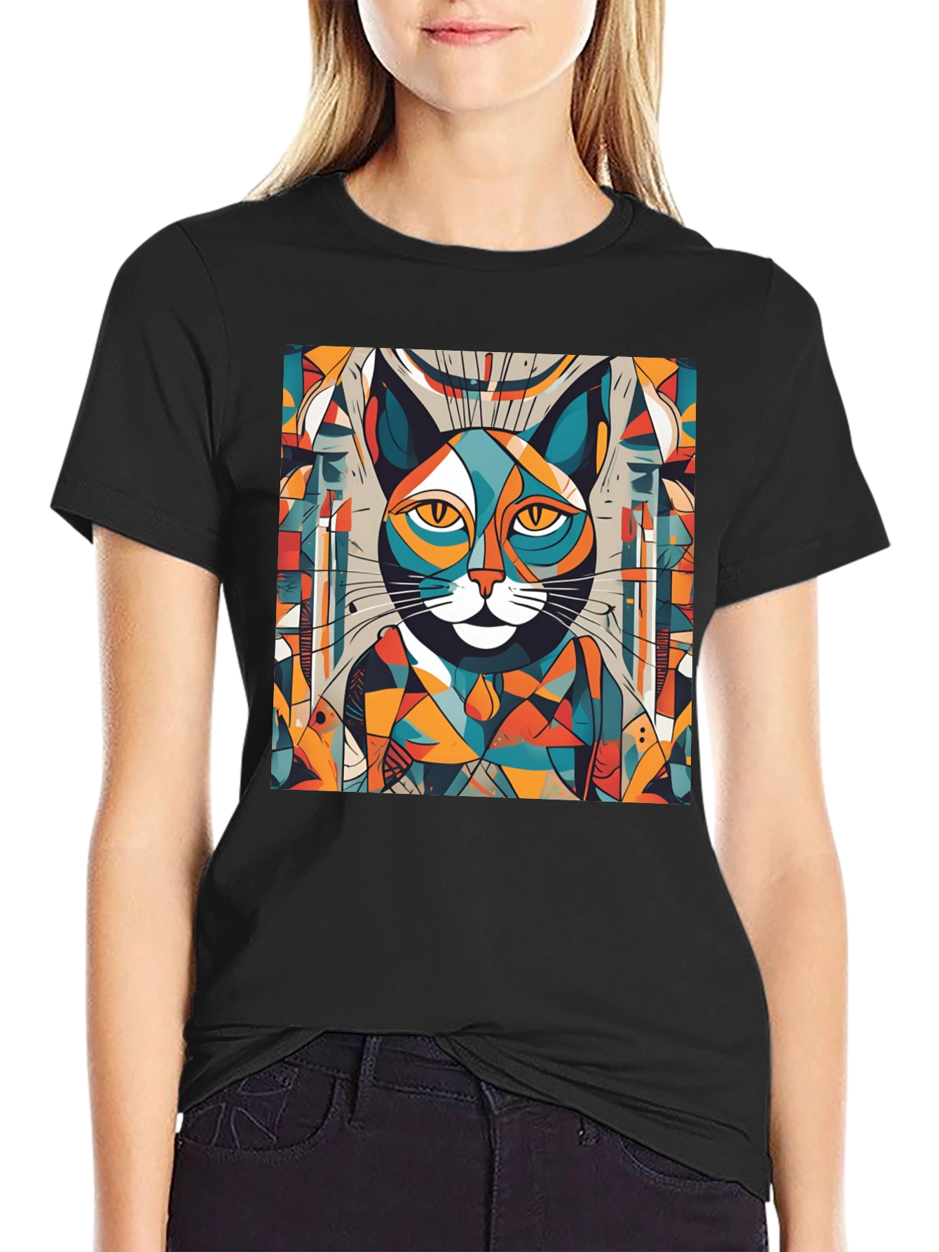 Abstract Cat Graphic Tee - Artistic Style