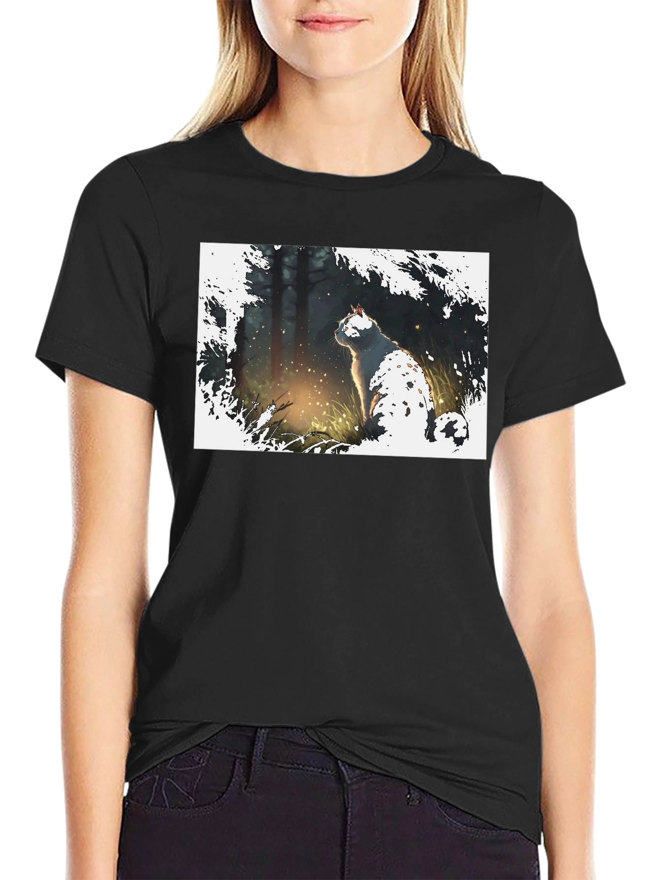 Cat in Forest Black T-Shirt
