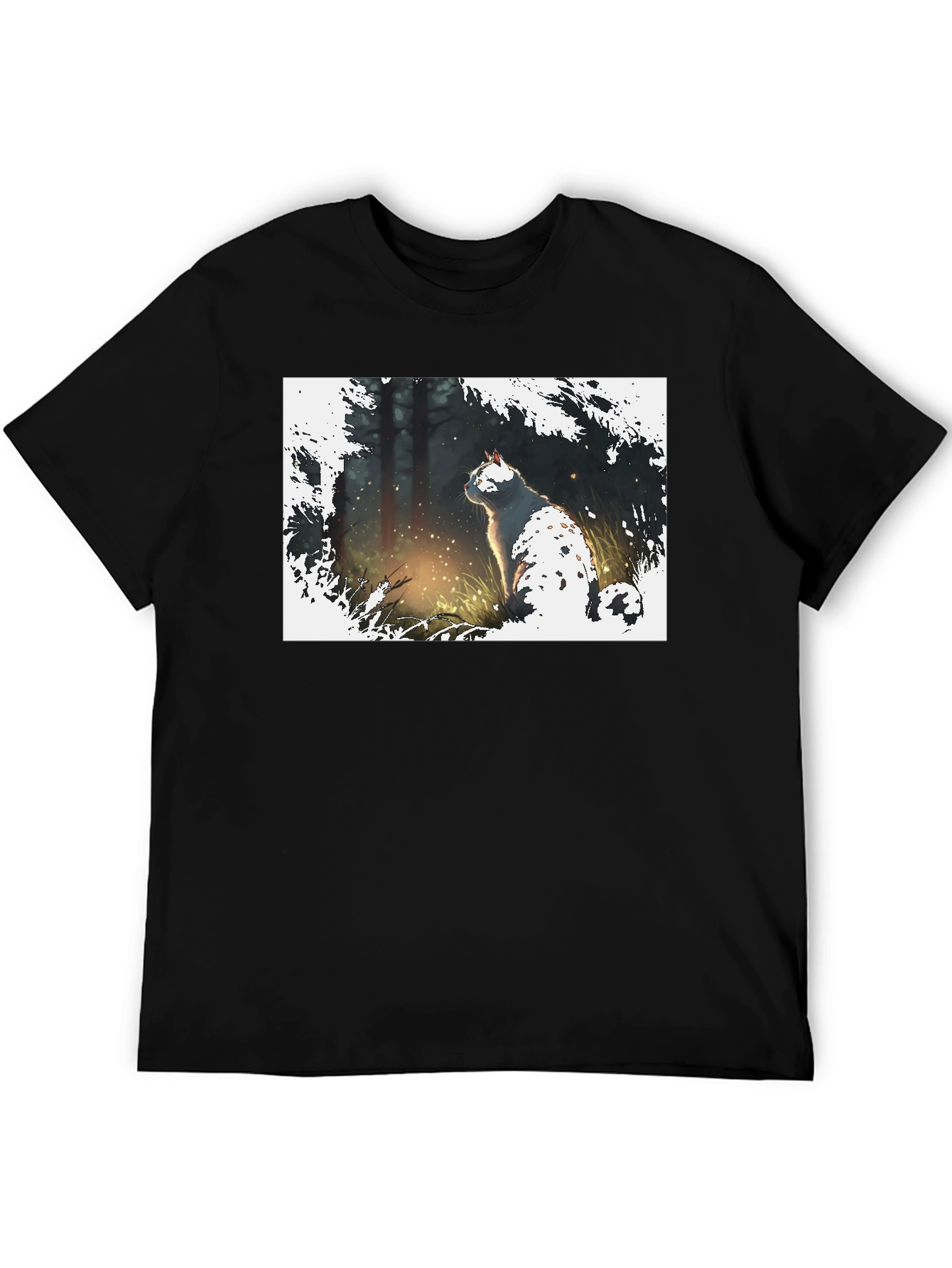 Cat in Forest Black T-Shirt