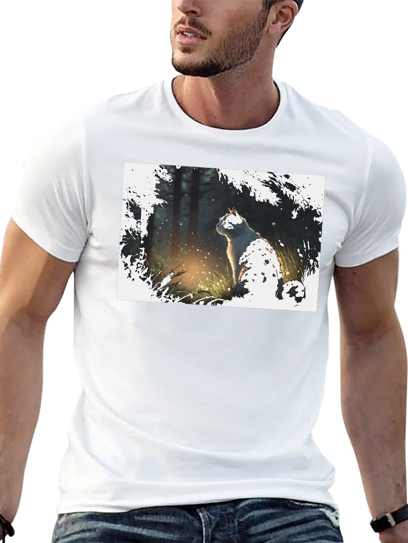 Cat in Forest Black T-Shirt