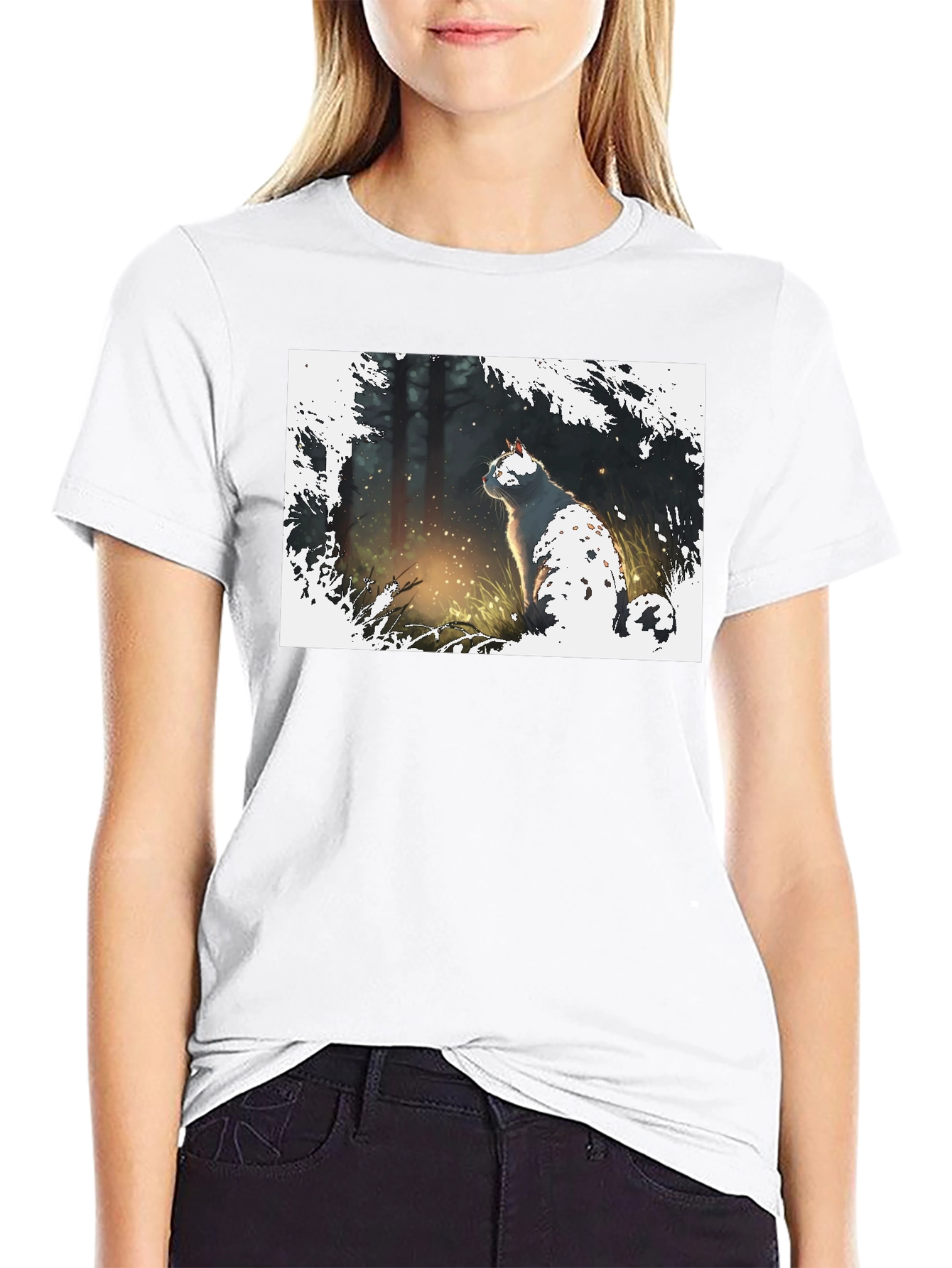 Cat in Forest Black T-Shirt