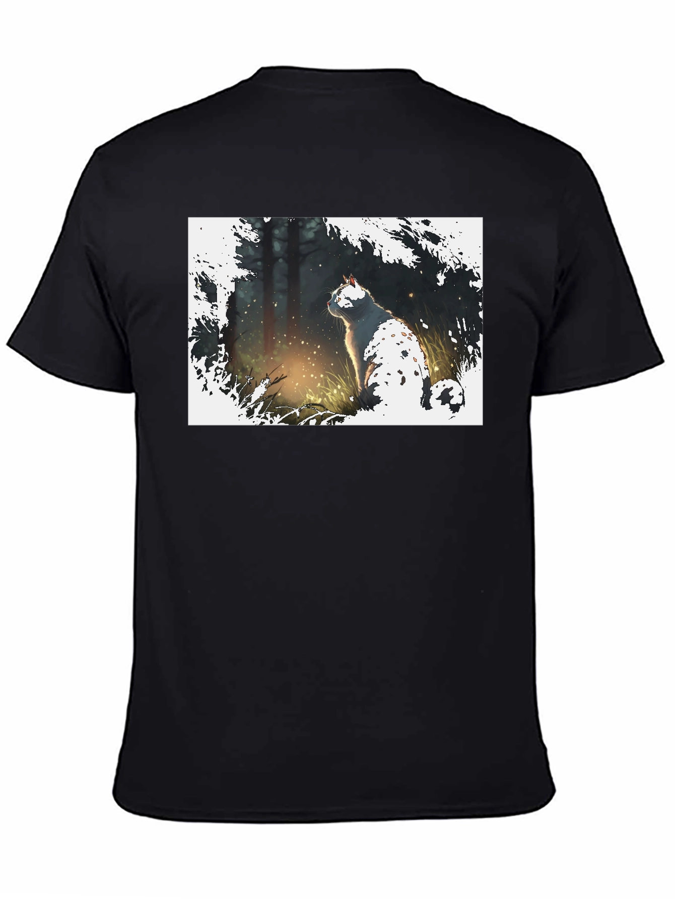 Cat in Forest Black T-Shirt