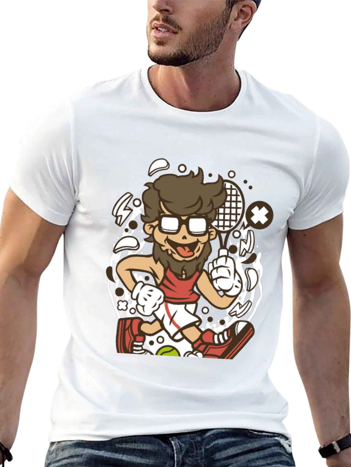 Cartoon Tennis Player Graphic Black T-Shirt
