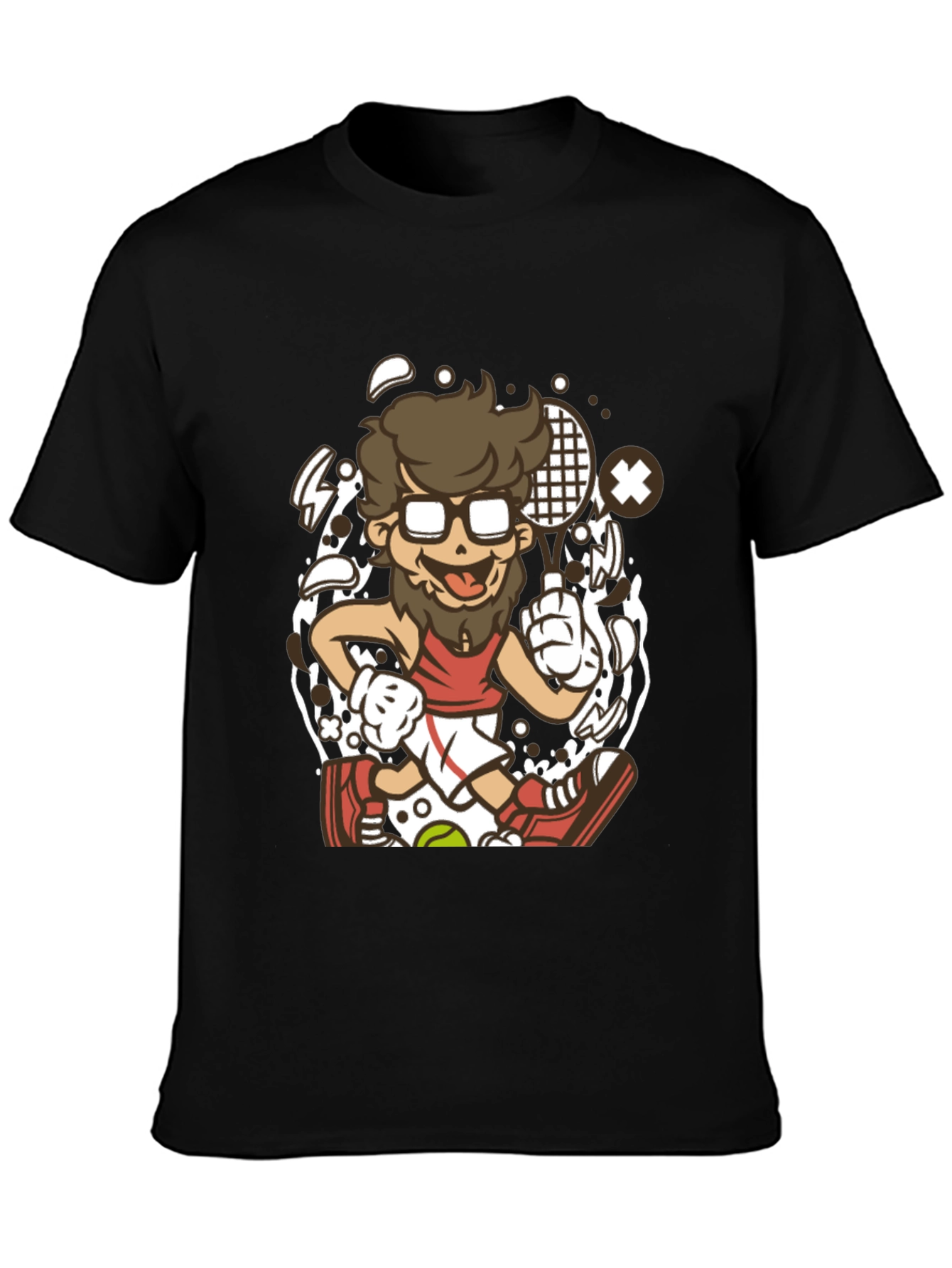 Cartoon Tennis Player Graphic Black T-Shirt