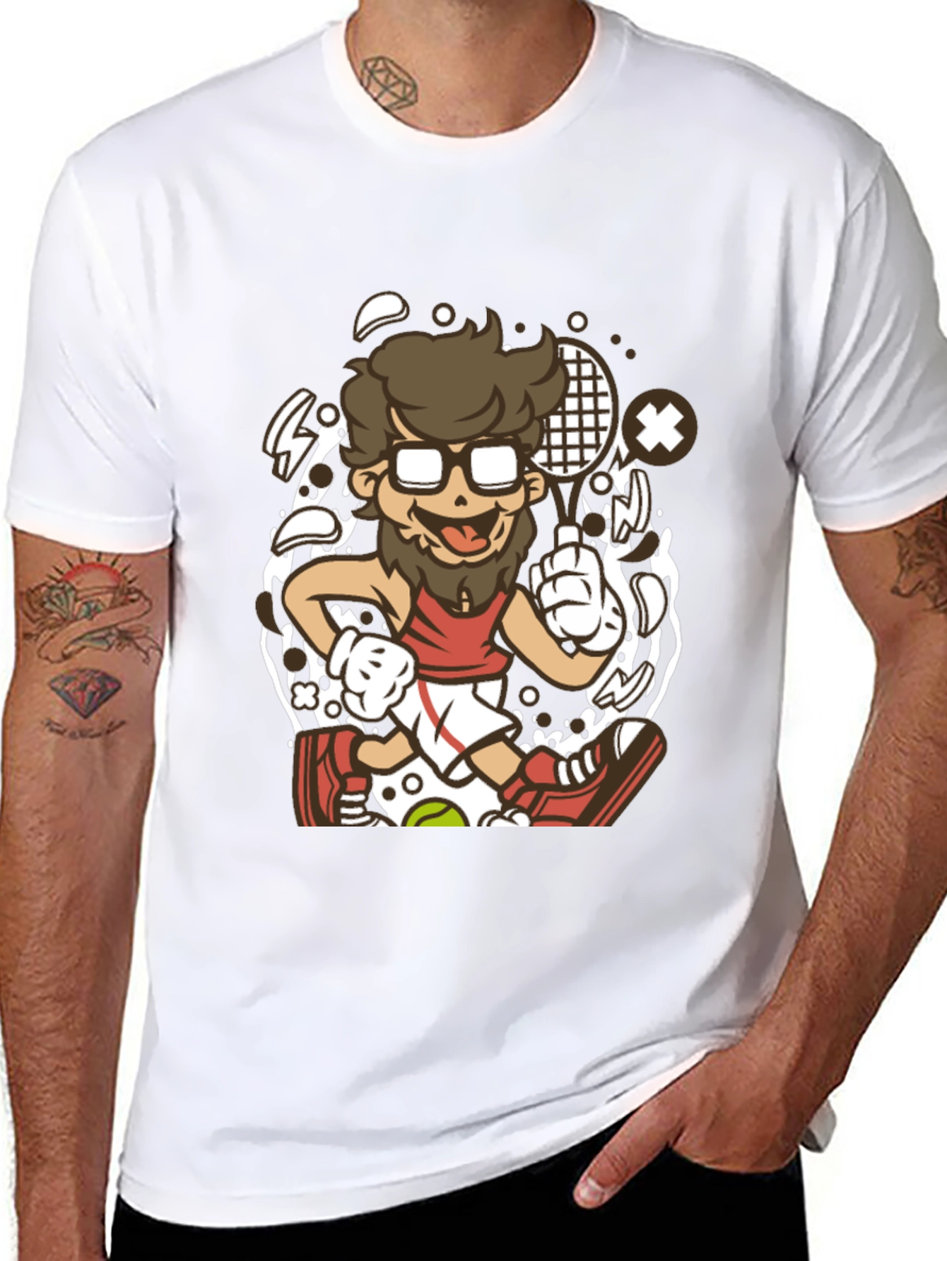 Cartoon Tennis Player Graphic Black T-Shirt