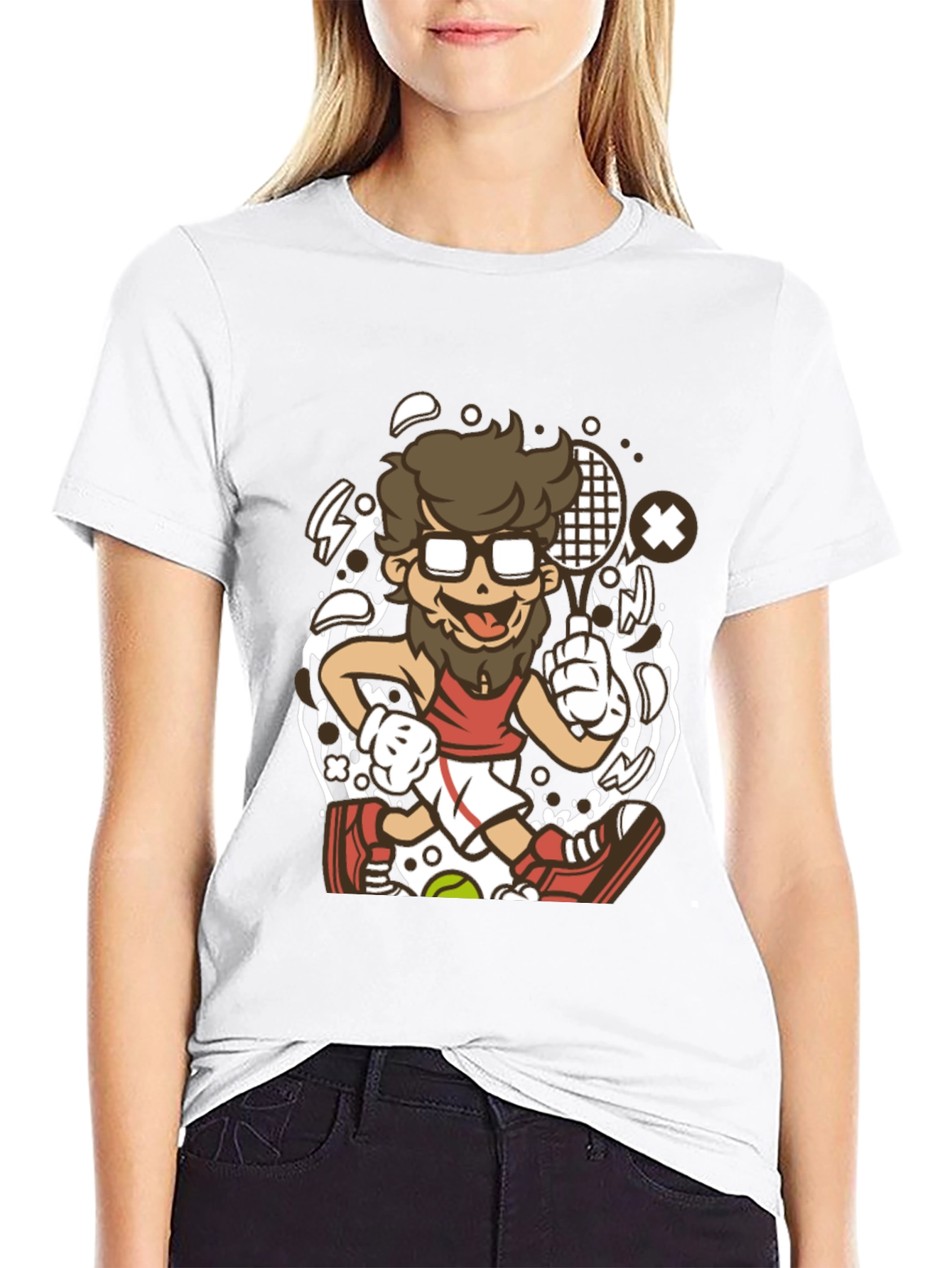 Cartoon Tennis Player Graphic Black T-Shirt