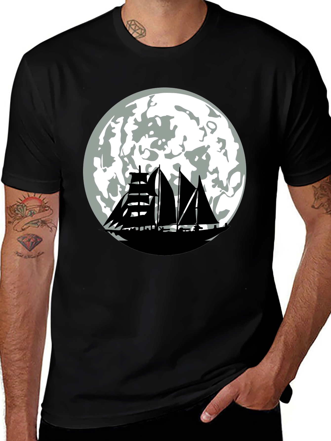 Sailboat Moon Graphic Tee - Black Cotton Shirt