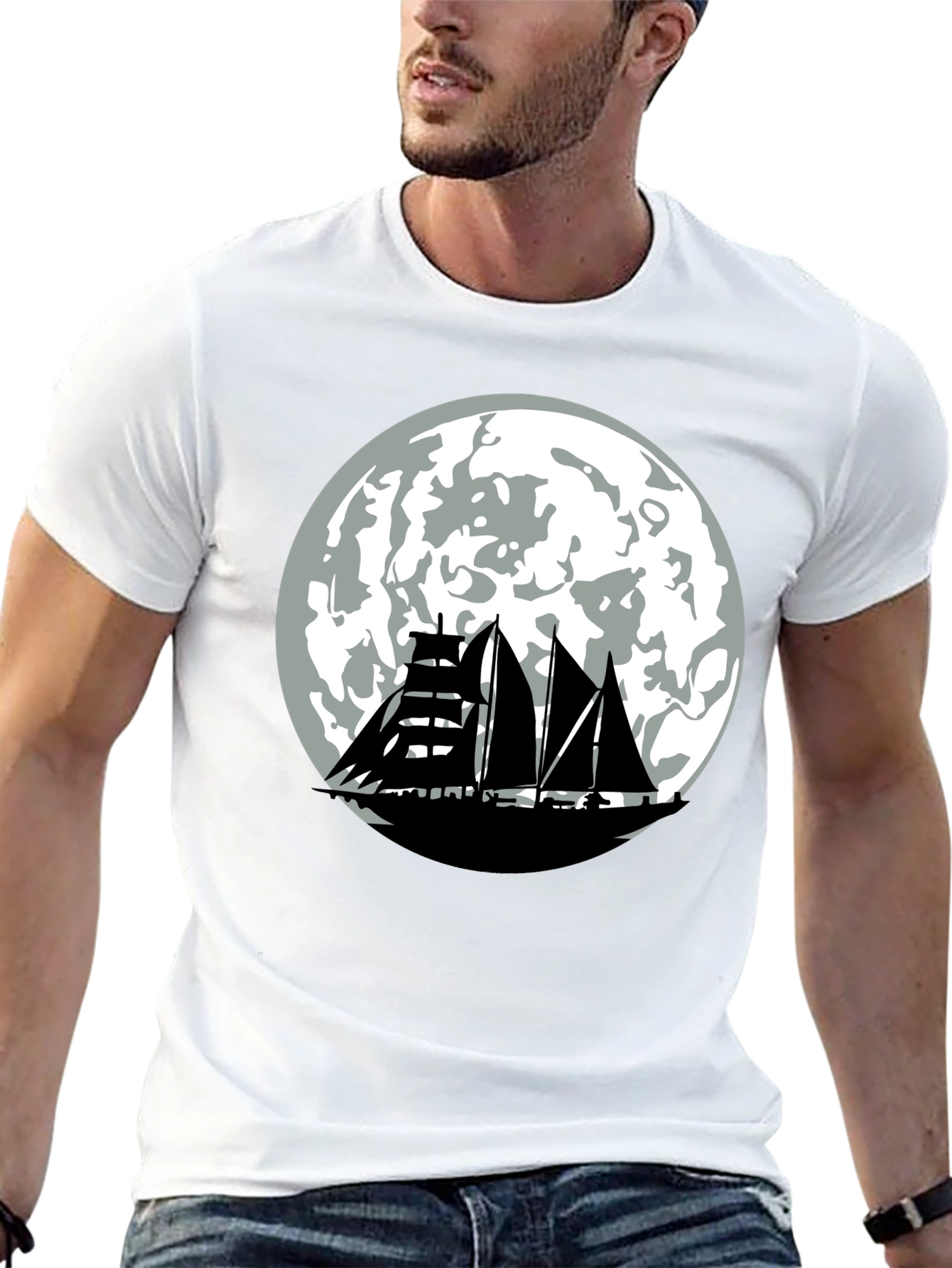 Sailboat Moon Graphic Tee - Black Cotton Shirt