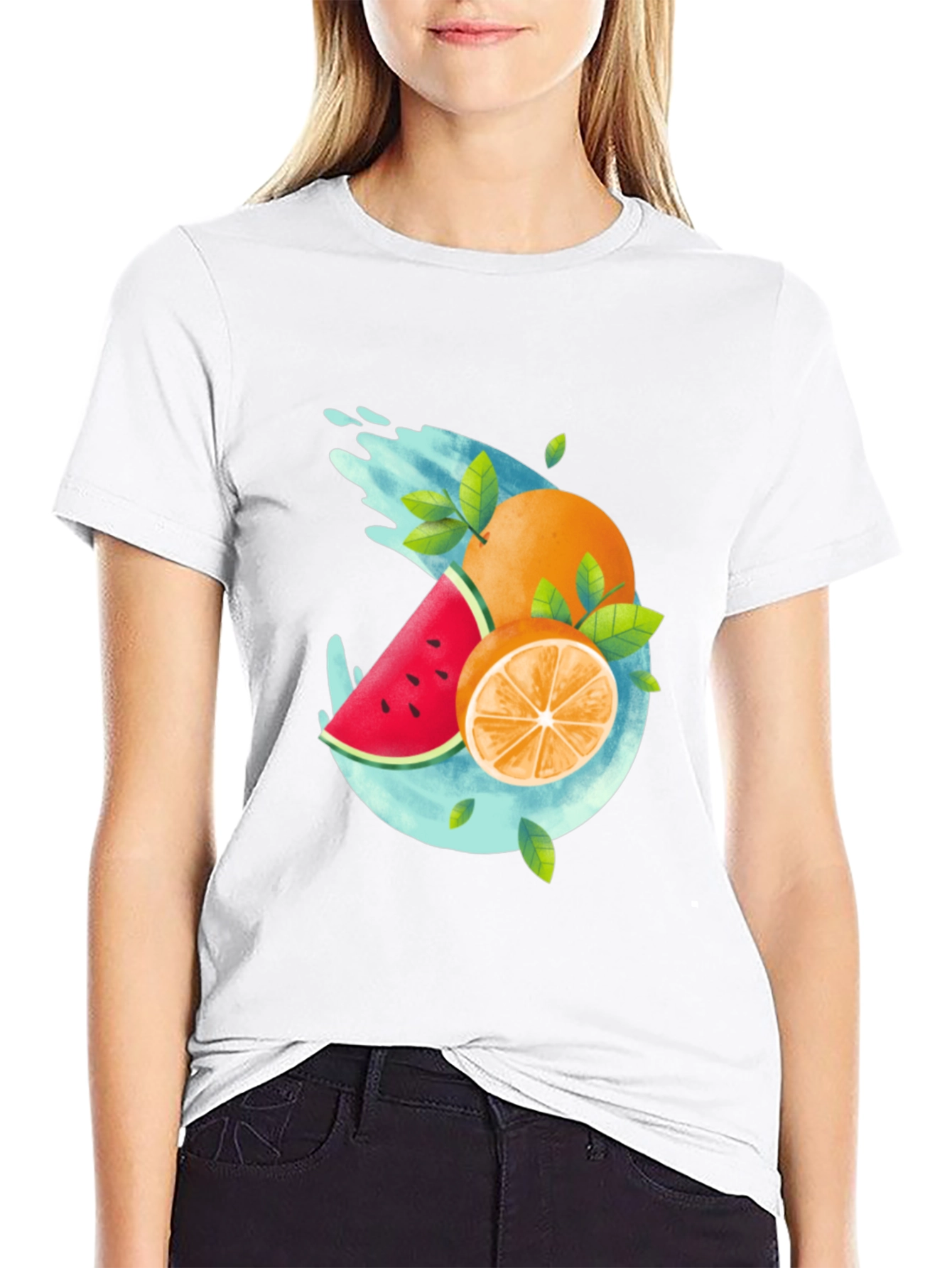 Summer Fruit Splash Graphic Tee - Black Casual T-Shirt