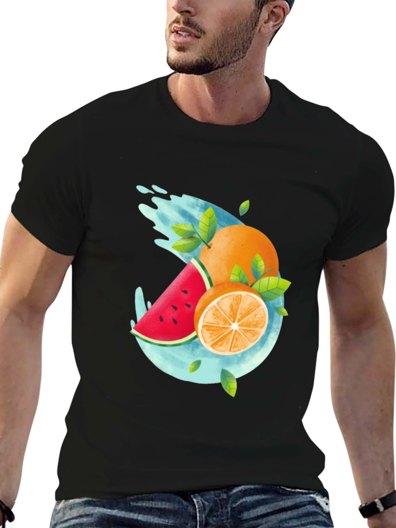 Summer Fruit Splash Graphic Tee - Black Casual T-Shirt